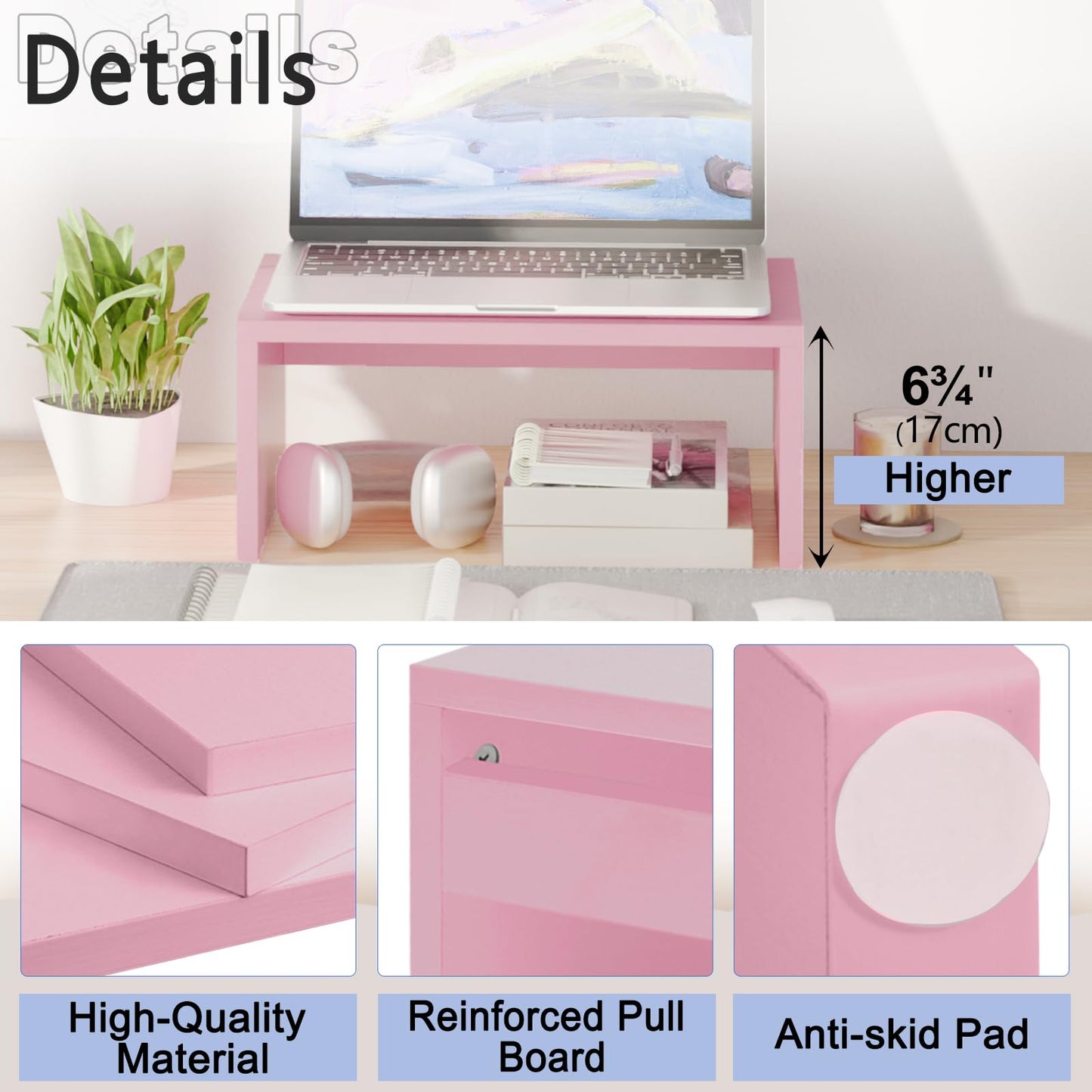 TEAMIX Pink Monitor Stand - 6.7 inch Tall, Wood Riser, Desktop Organizer