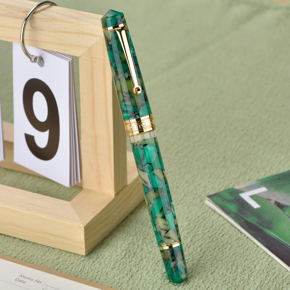 Asvine P20 Piston Fountain Pen Extra Fine Point, Green Marble Acrylic Gold Trim Smooth Writer