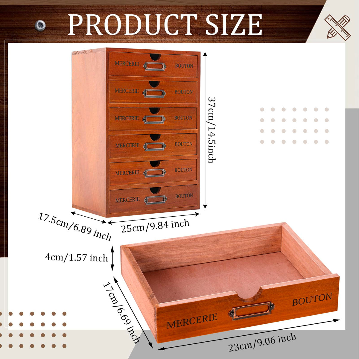 Wesiti Wooden Desk Organizer, 6 Drawers, Vintage Makeup Cabinet, Brown