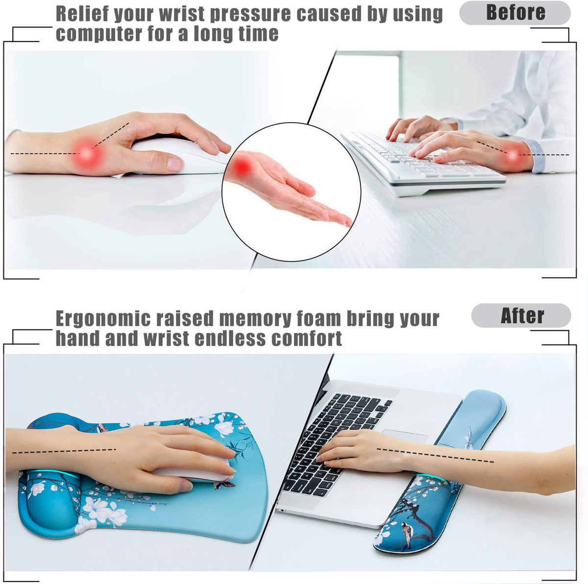 AORTDES Ergonomic Memory Foam Keyboard Mouse Pad Set with Rest Wrist Cushion Support for