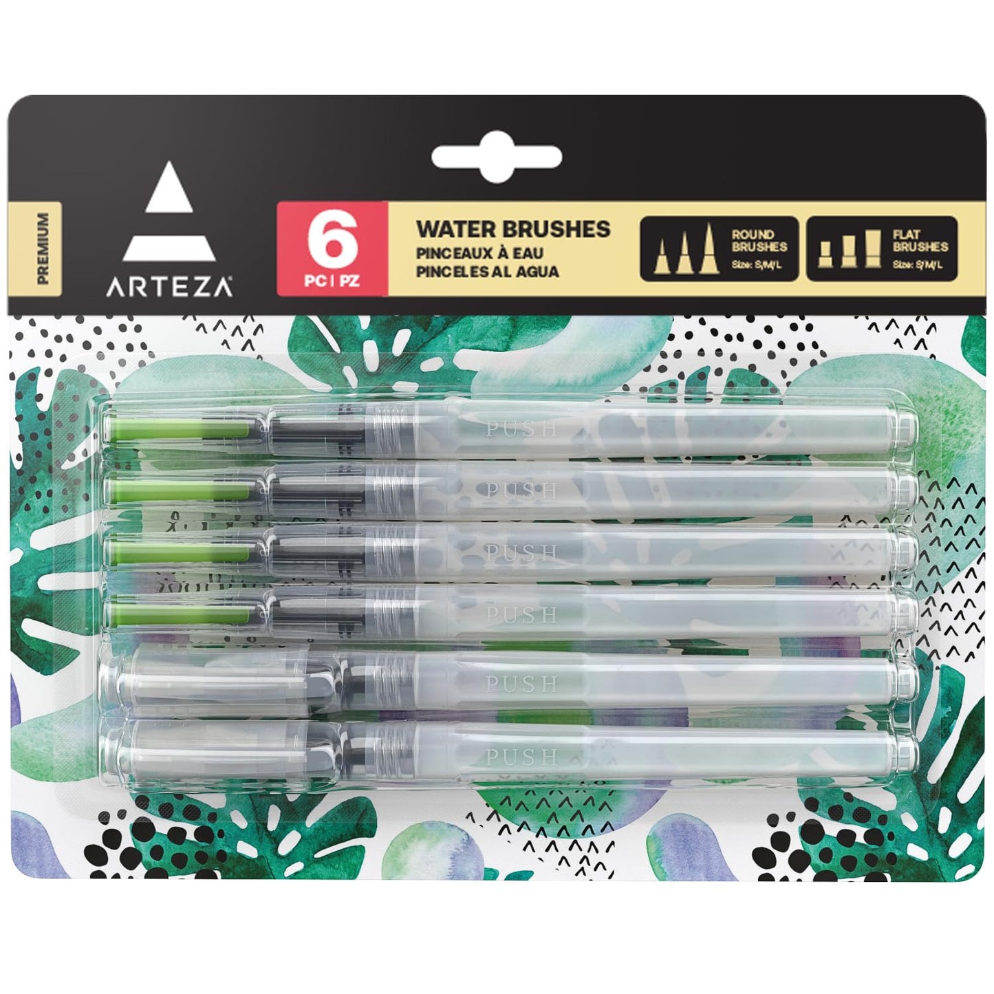 ARTEZA Water Brush Pens for Watercolor, Set of 6, Round and Flat Nylon Tips