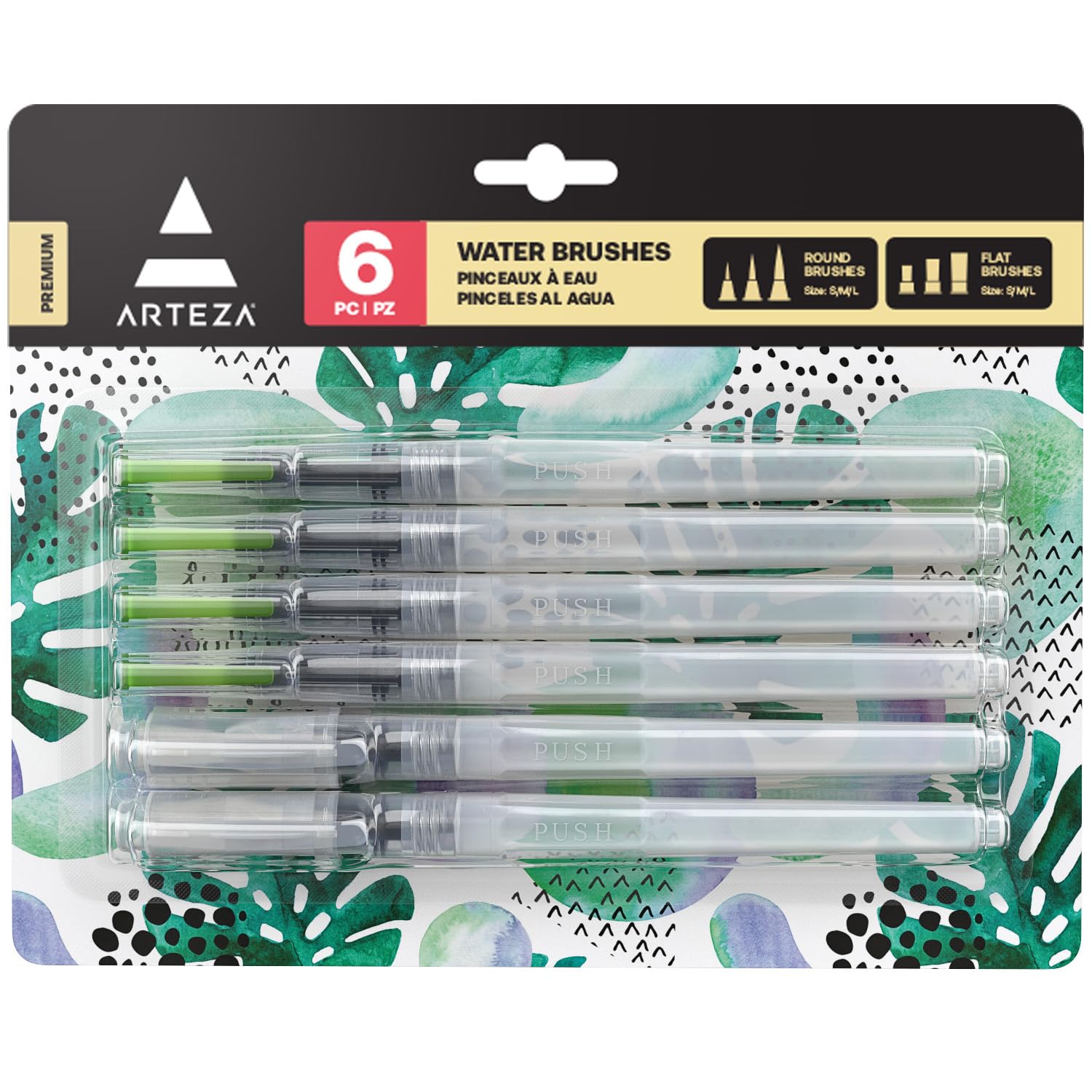 ARTEZA Water Brush Pens for Watercolor, Set of 6, Round and Flat Nylon Tips