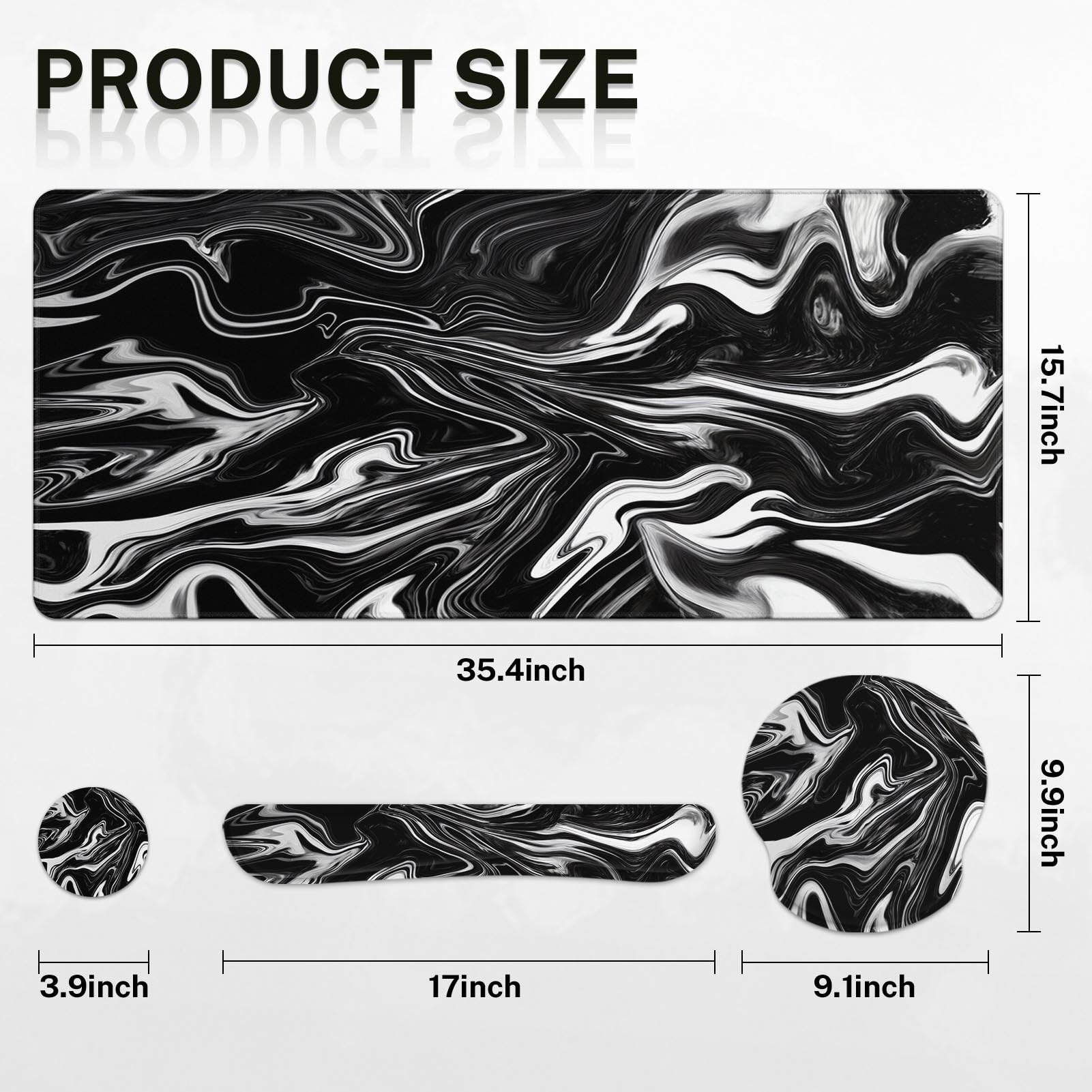 Britimes Keyboard Mouse Pad Set, 4 in 1 Desk Mat Set, Black White Marble