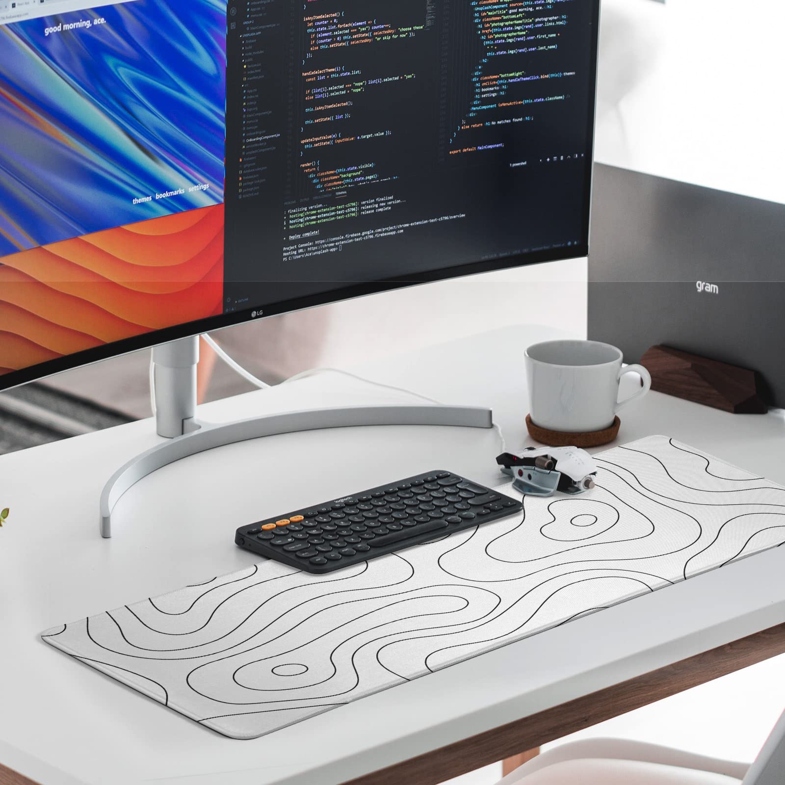 White Large Gaming Mouse Pad Desk Pad Topographic Map Big Keyboard Mat 31.5x11.8inch Computer