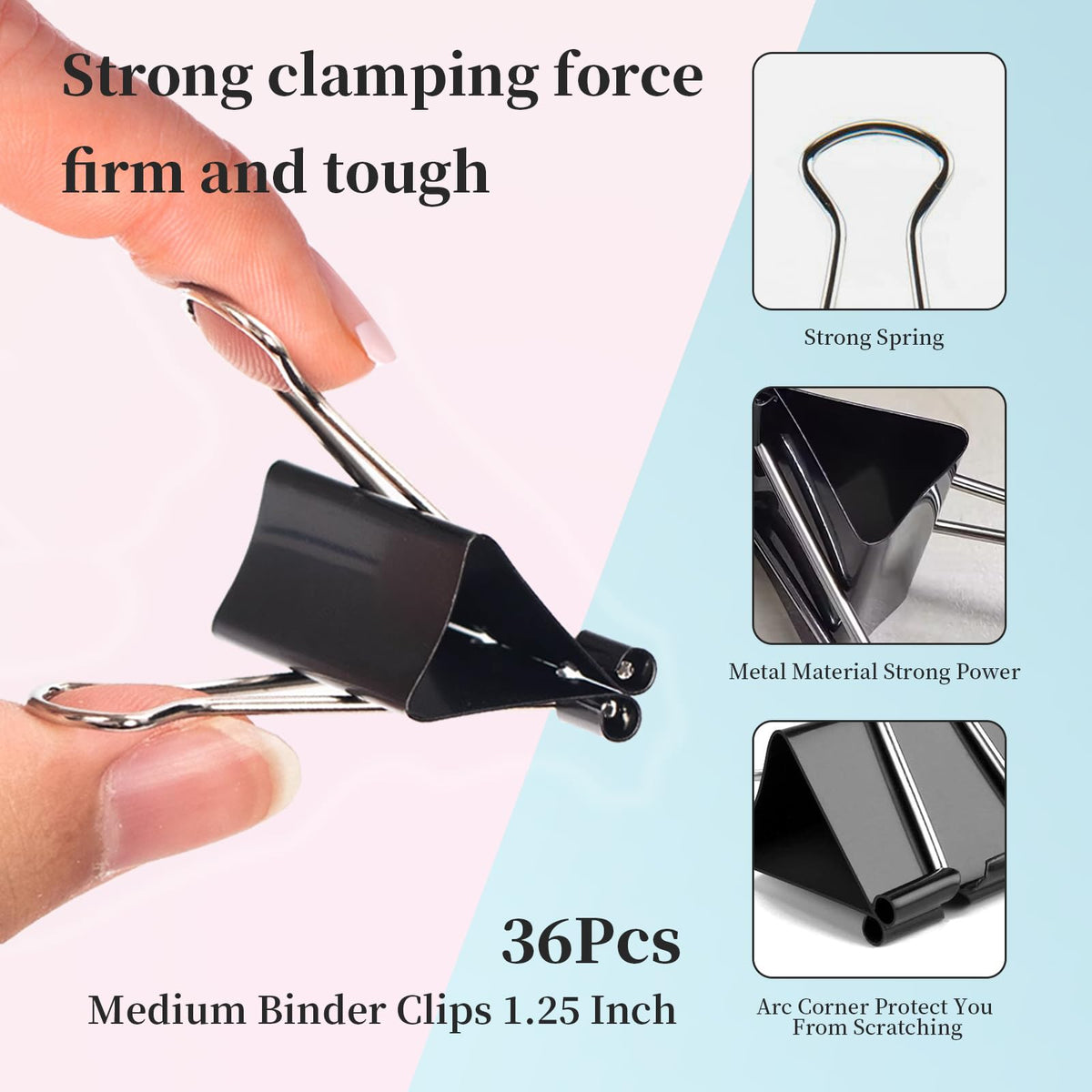 Medium Binder Clips, 36 Pack, 1-1/4 Inch, 1.25 Inch, Standard 32mm, Black, Capacity 0.6 Inch, Fold