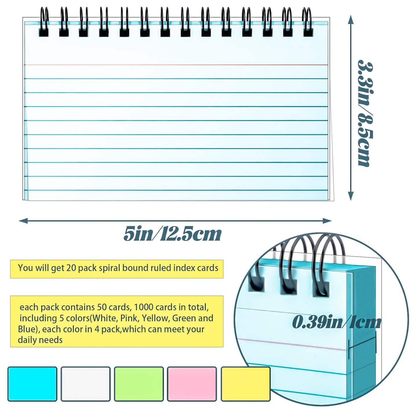 MotBach Colorful 1000 PCS Spiral Index Cards 3x5 Inch Flash Cards with Ring Lined Note Card Book