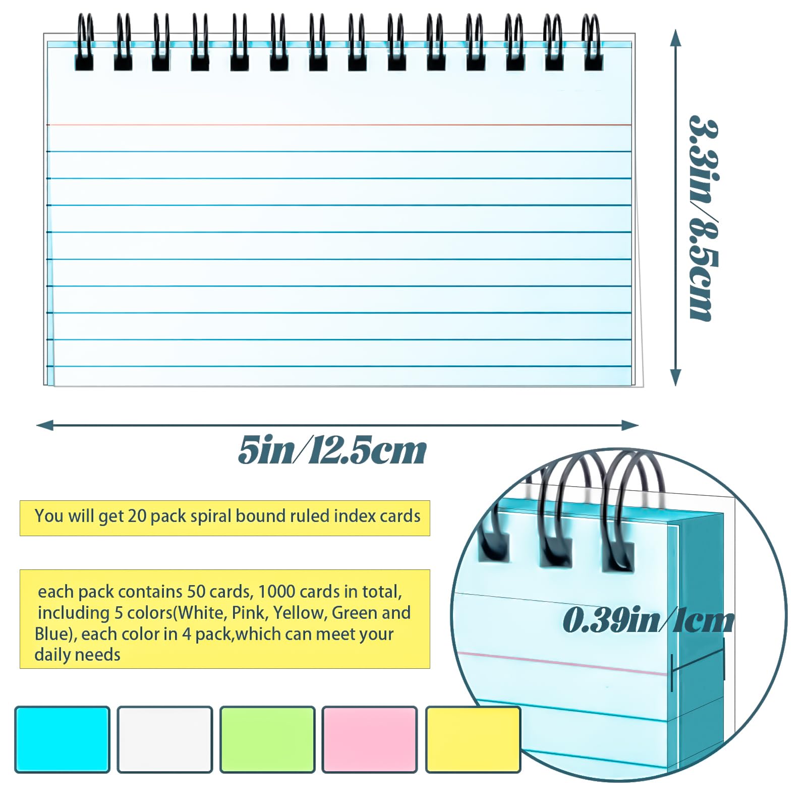 MotBach Colorful 1000 PCS Spiral Index Cards 3x5 Inch Flash Cards with Ring Lined Note Card Book