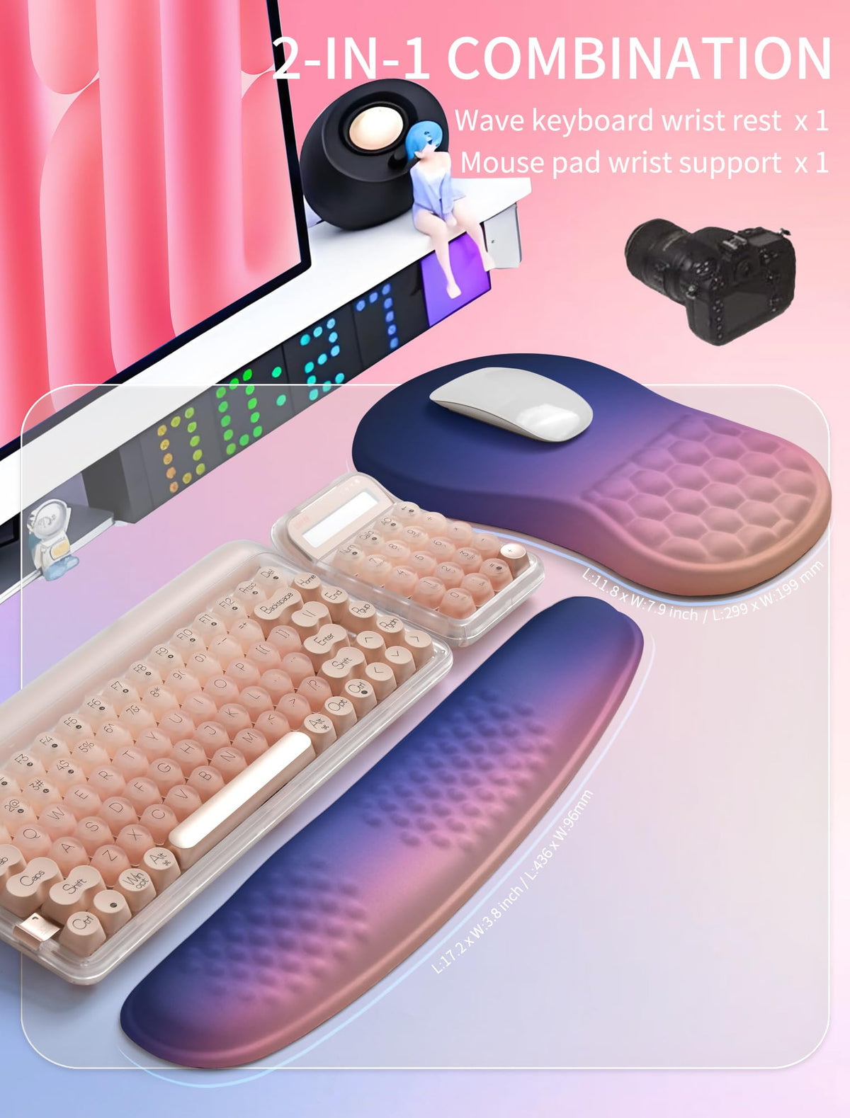 Hokafenle 2in1 Combination, Wave Keyboard Wrist Rest and Ergonomic Curvature Mouse Pad Wrist