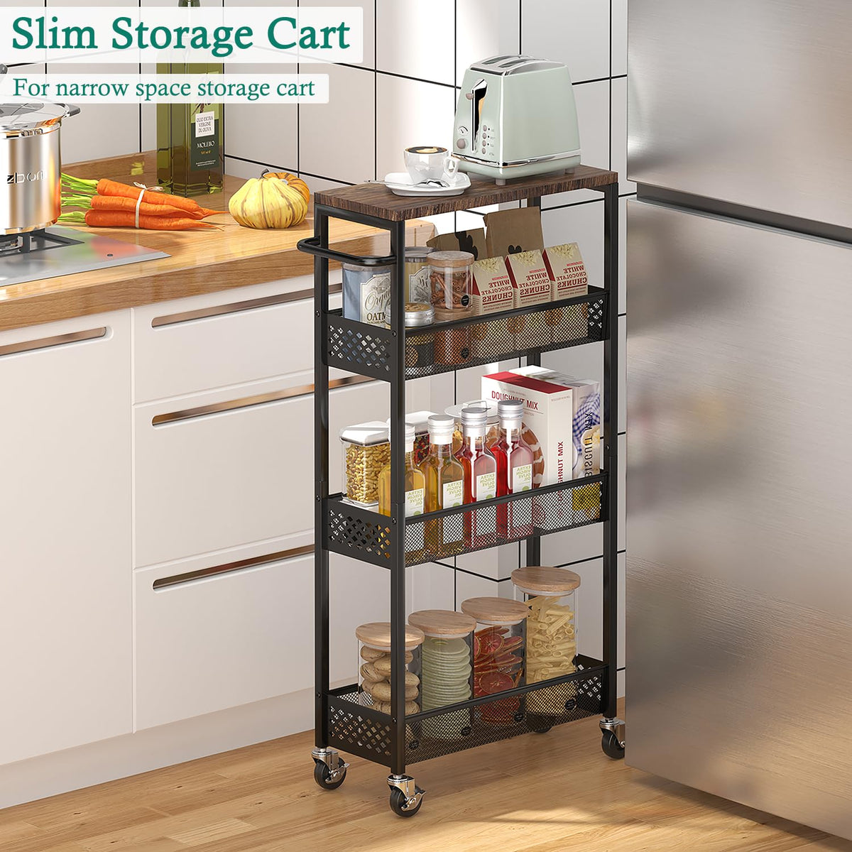 XYZLVSI Utility Slim Storage Cart, 4 Tier Kitchen Narrow Shelf on Wheels