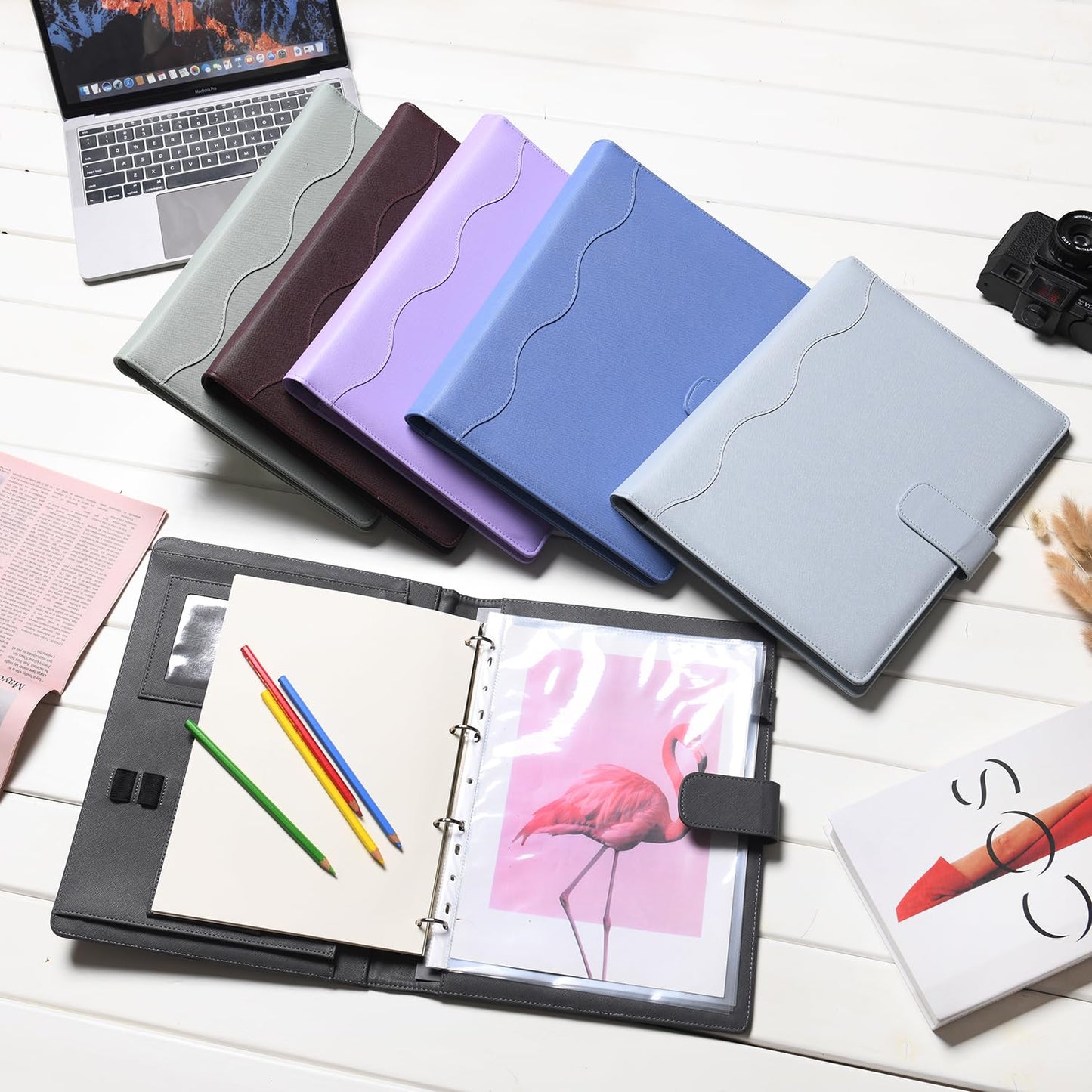 Wonderpool A4 PU Leather 3 & 4 Ring Holder Writing Portfolio Multi Document Case with Removable