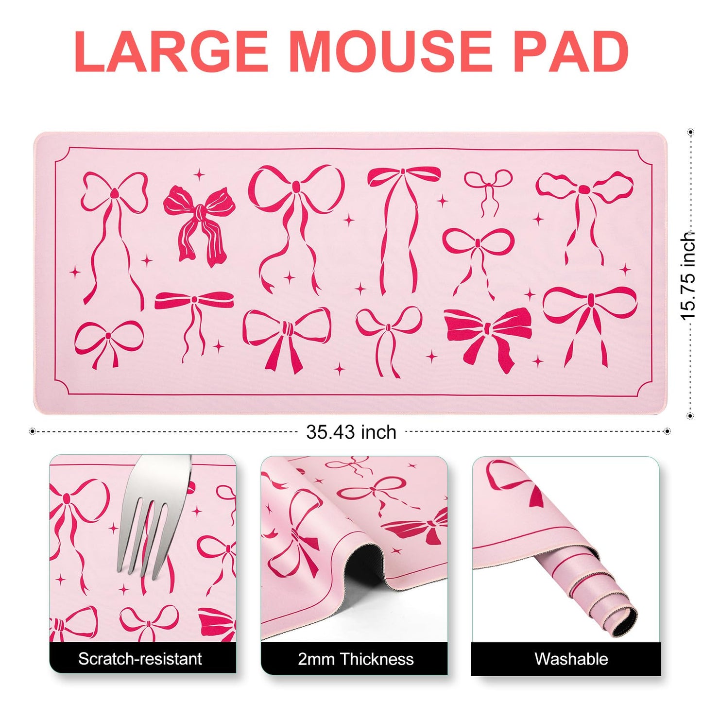 L-SPOUTTO Pink Bow Desk Mat for Keyboard and Mouse,Cute XXL Large Mouse Pad