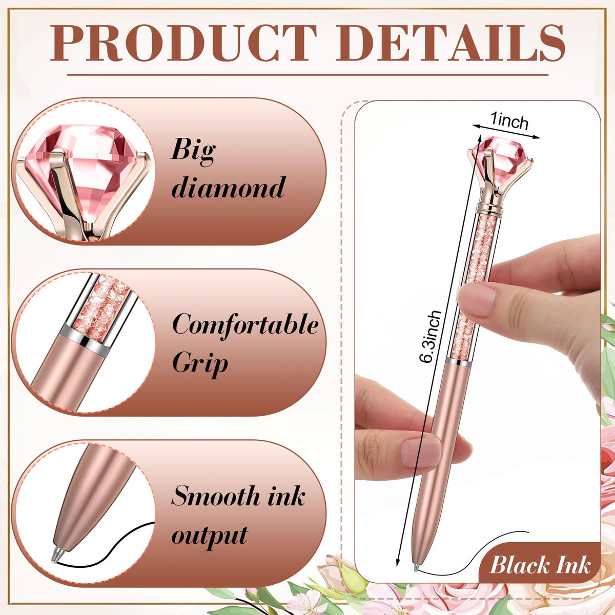 Sherr 100 Pack Crystal Diamond Pens Jewel pen Bulk, Rose Gold, Glitter