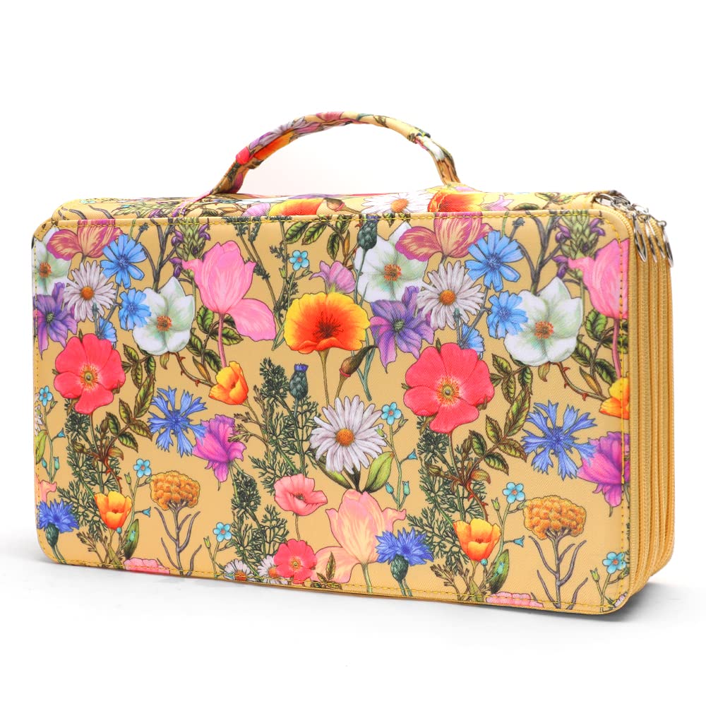 Vomgomfom 300 Slots Marker Case 4-Layer PU Leather, Handle, Yellow Flower