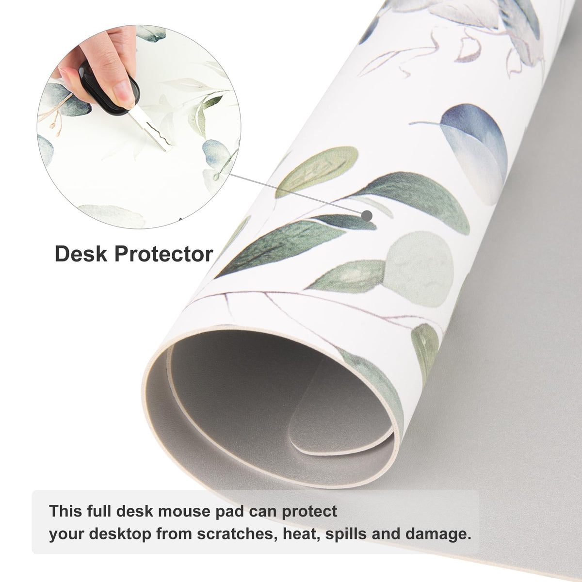 Leather Large Mouse Pad, Office Desk Mat, 31.5"x15.7", Eucalyptus Leaves