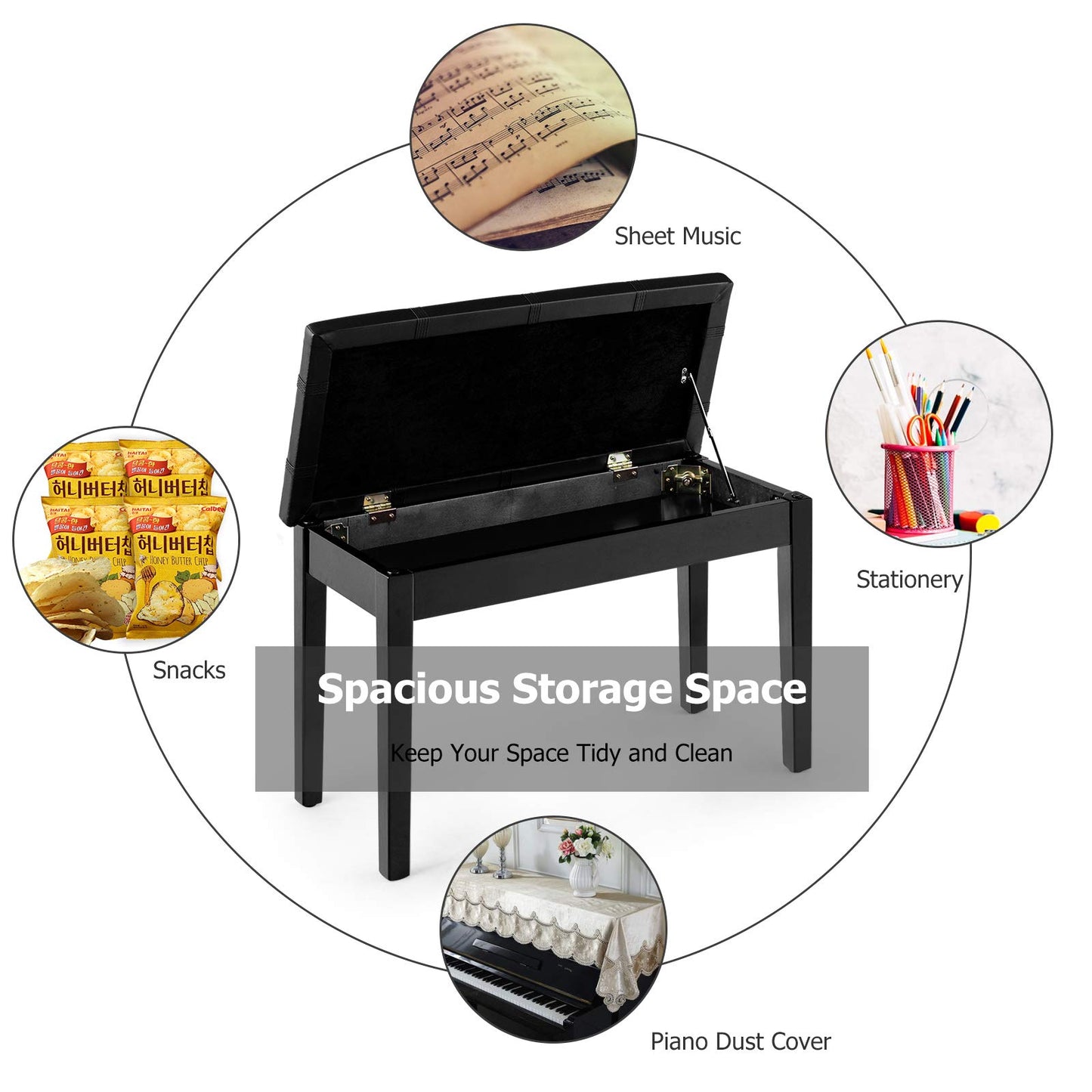 GOFLAME Piano Bench with Padded Cushion and Music Storage, Comfortable Double Duet Seat with PU