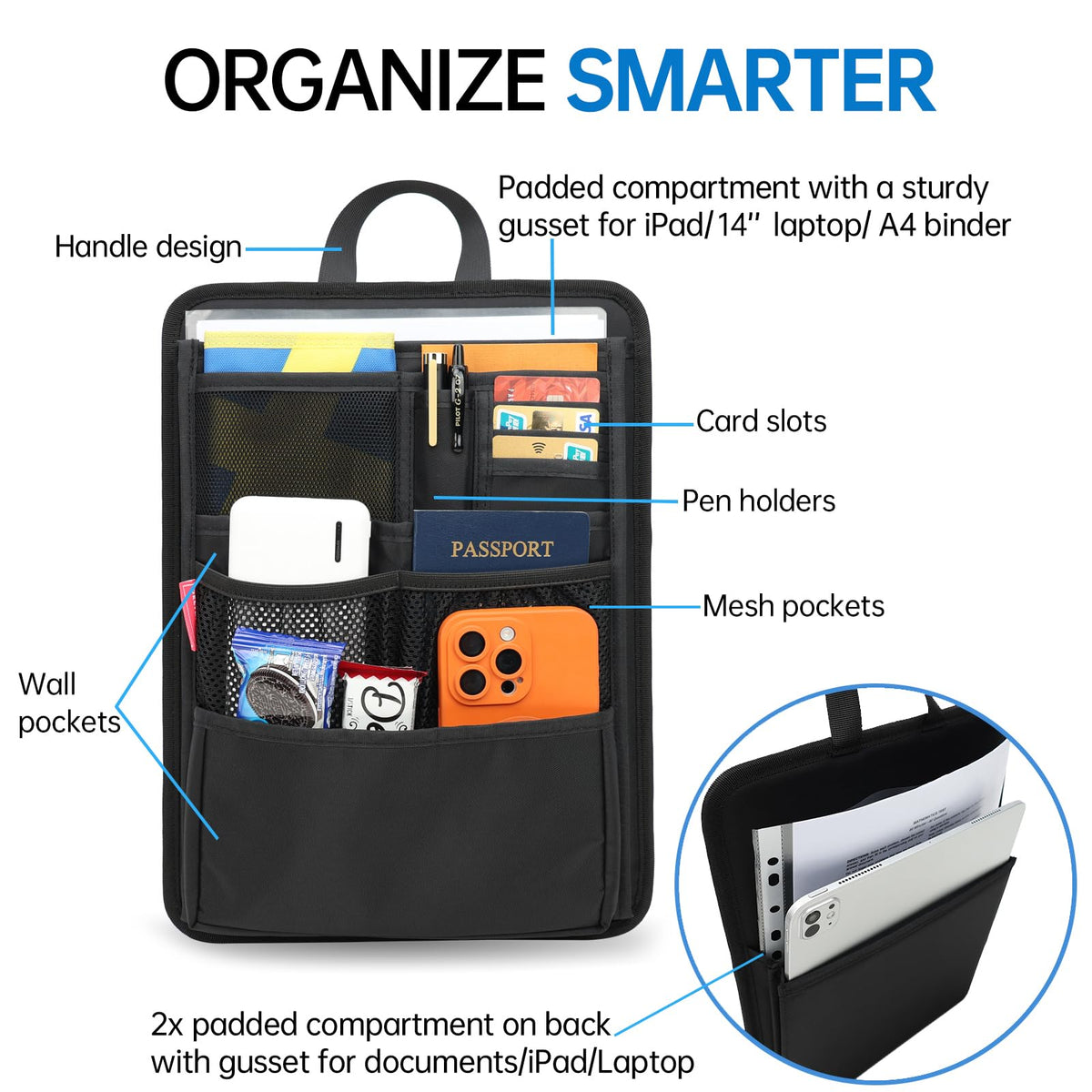 DELTAMANN Slim Rugged Backpack Organizer Insert for Business Casual Men Women -13 Pockets,Padded