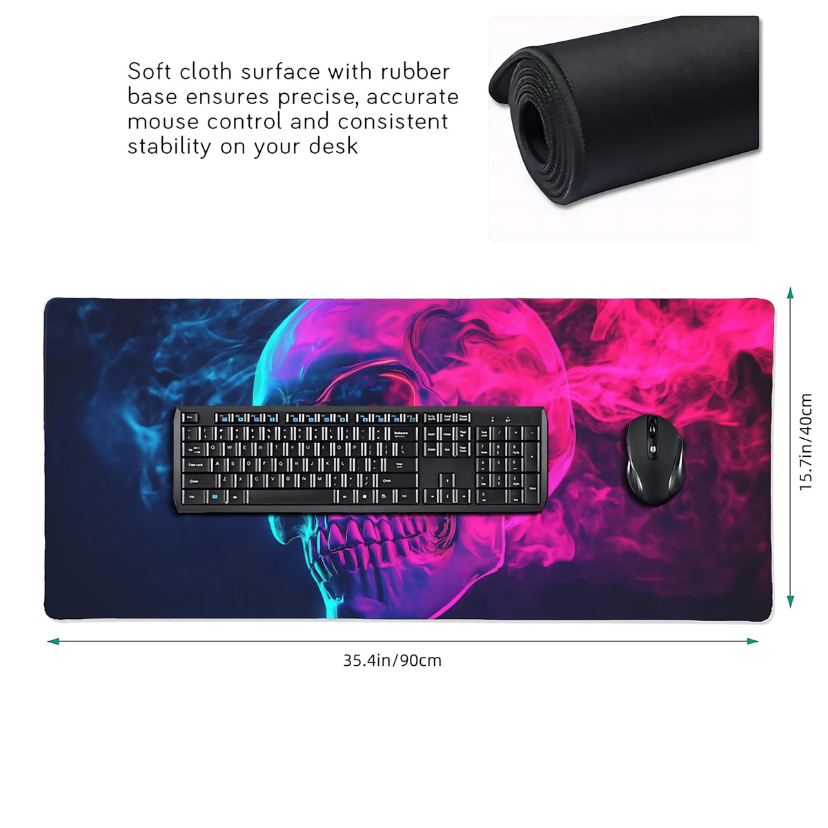Aesthetic Skull Gaming Mouse Pad, Blue Pink Cyber Desk Mat with Anti-Slip Base & Stitched
