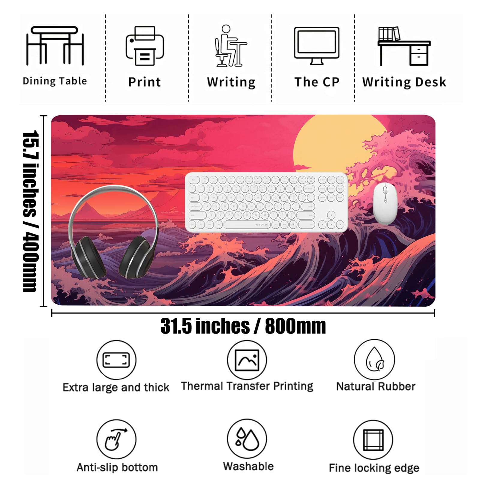 Japanese Sea Wave Large Gaming Mouse Pad with Stitched Edges, 31.5" x 15.7" Large Extended Computer