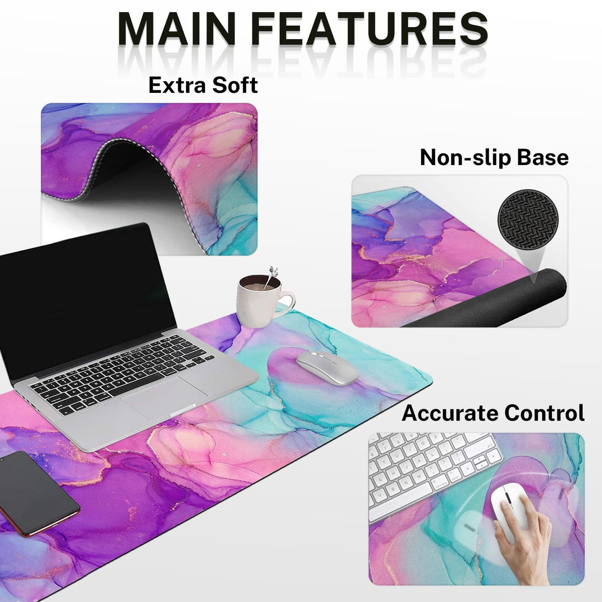 Arttown Keyboard Mouse Pad Set, 4 in 1 Desk Mat Set Marble Purple