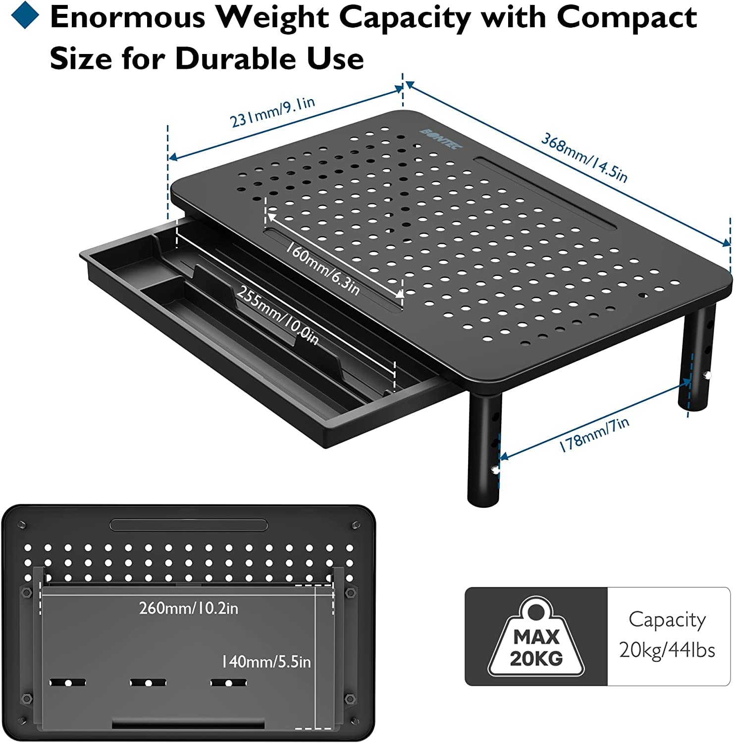 BONTEC 2 Pack Adjustable Monitor Stand Riser with Drawer, Supports 44lbs