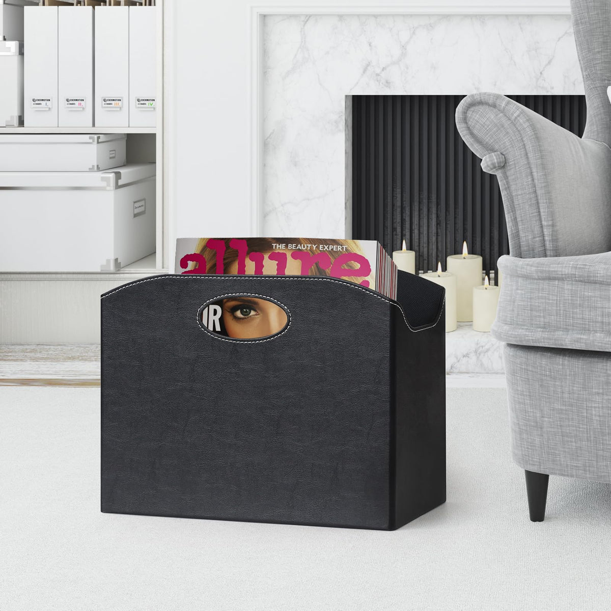 EZDeco Magazine Holder Foldable Magazine Rack Floor PU Leather File Holder Newspaper Book Storage