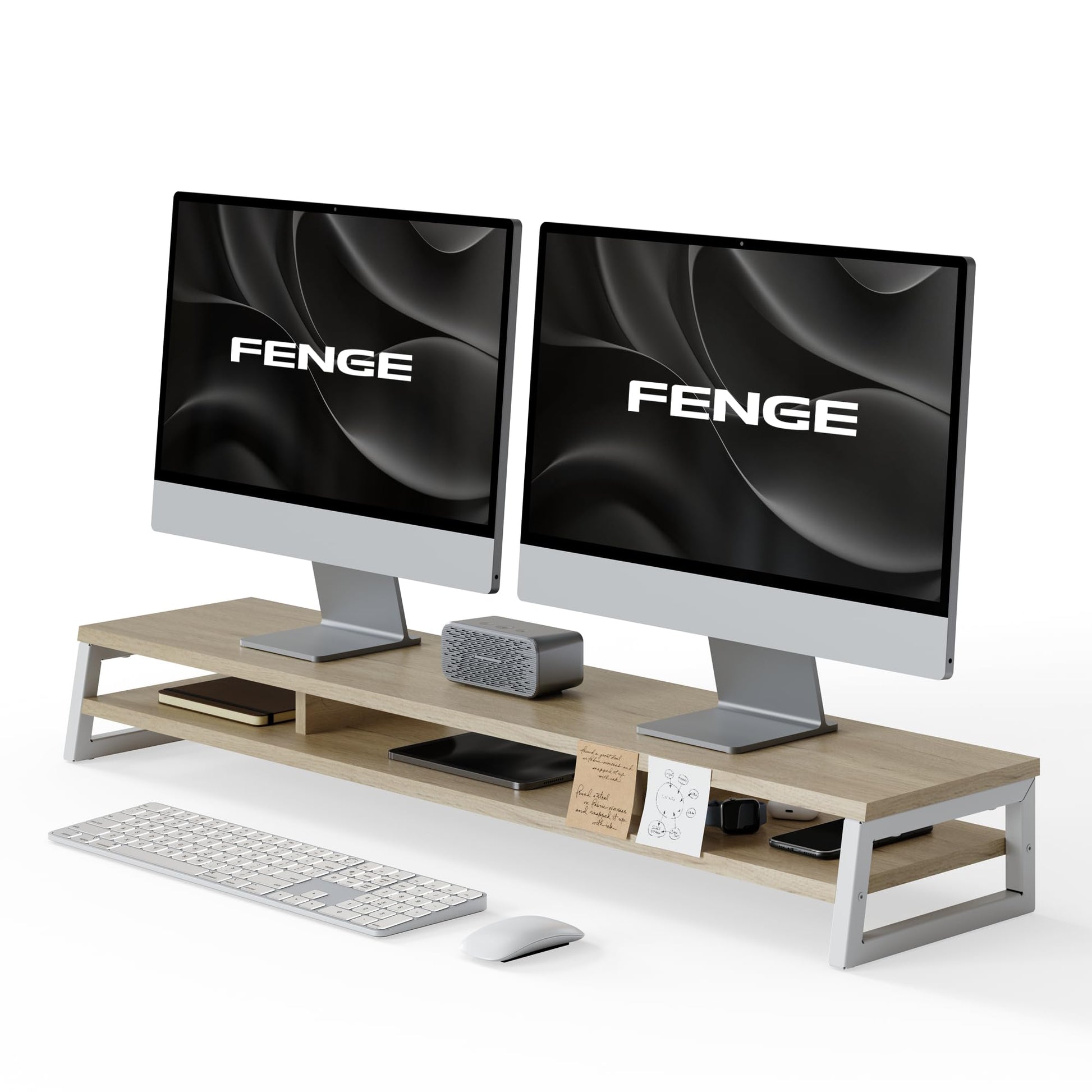 Fenge Dual Monitor Riser for Desk, Open Shelf with 3 Storage Compartments
