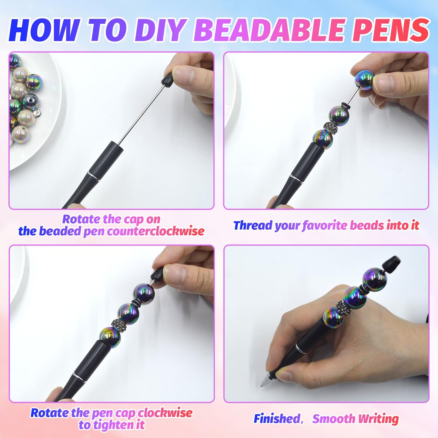 DASTTUIS 300 Pieces DIY Beadable Pen Kit – 100 Plastic Ballpoint Pens with Refills & Bags – School