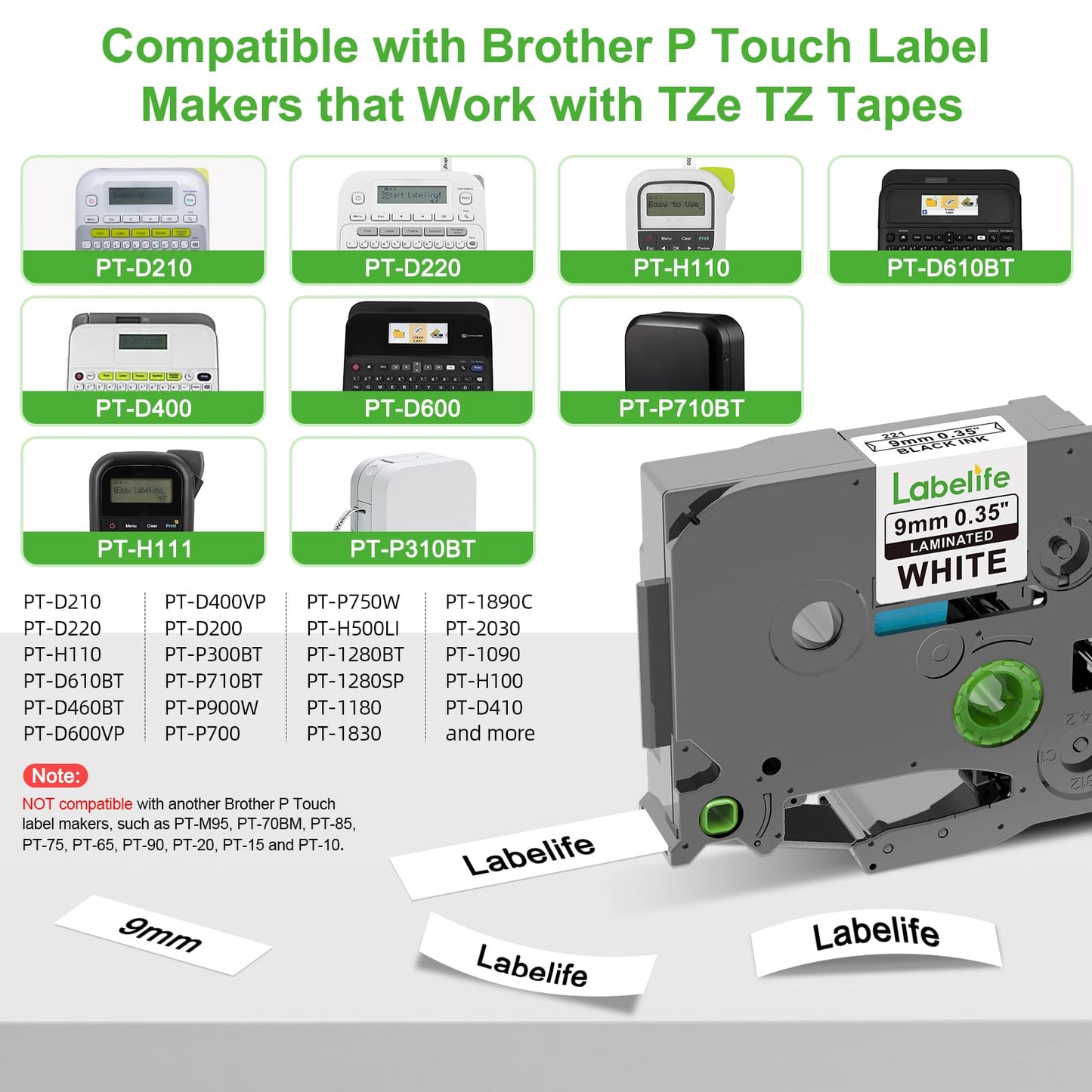 TZe-221 TZe221 Replacement for Brother P Touch Label Maker Tape 9mm 0.35''