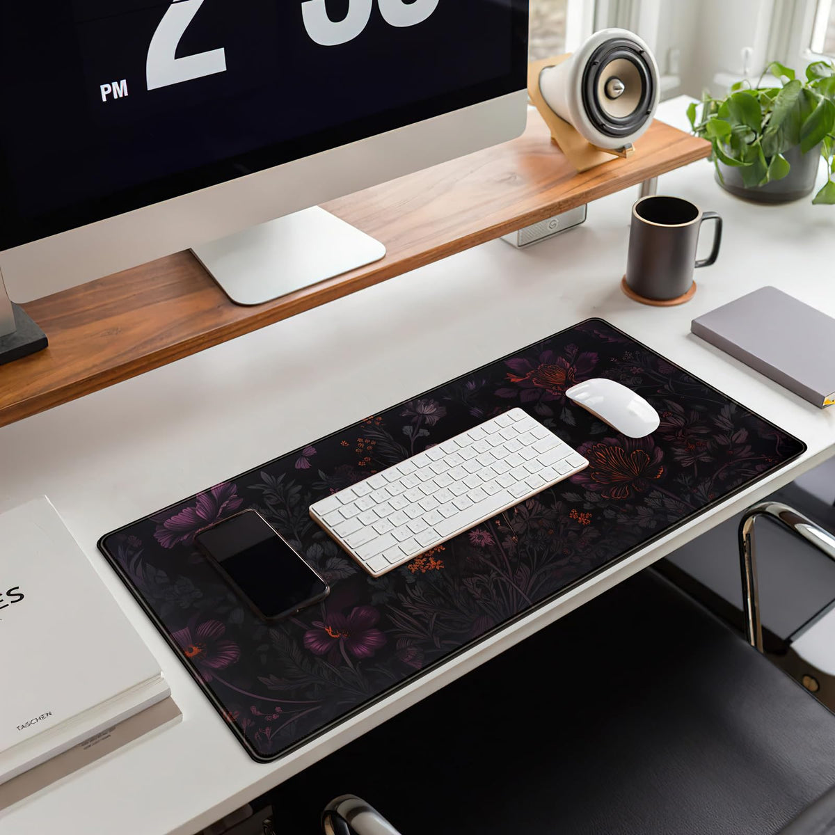 Dark Cottagecore Desk Mat Black Purple Flower XL Mouse Pad Large Gaming Mousepad Extended Vintage