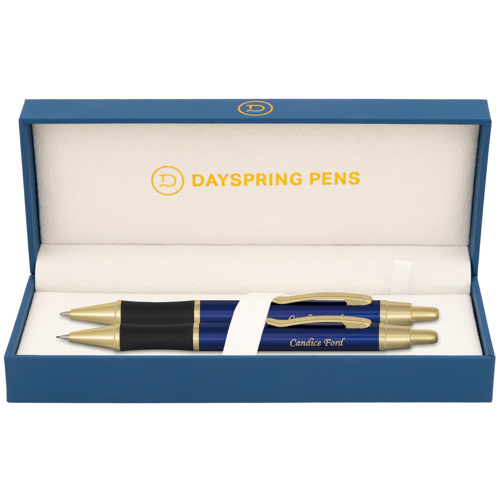 Dayspring Pens Monroe Personalized Ballpoint and Pencil in Blue, Gold Trim