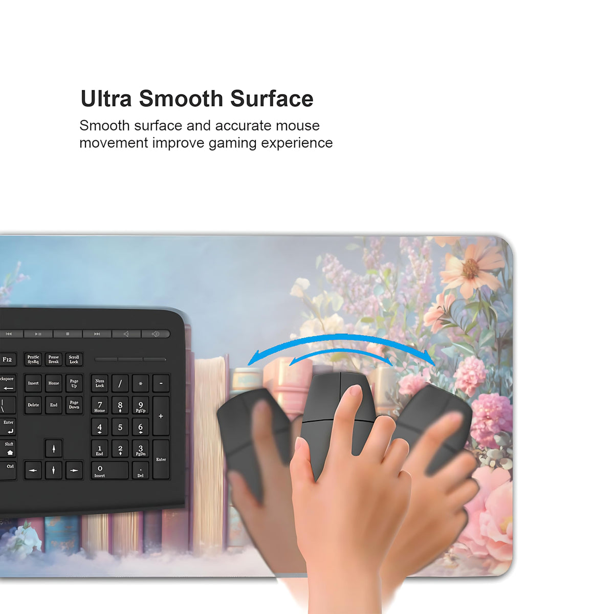 Cute Floral Aesthetic Book Gaming Mouse Pad, Blue Pink Dreamy Desk Mat with Anti-Slip Base &
