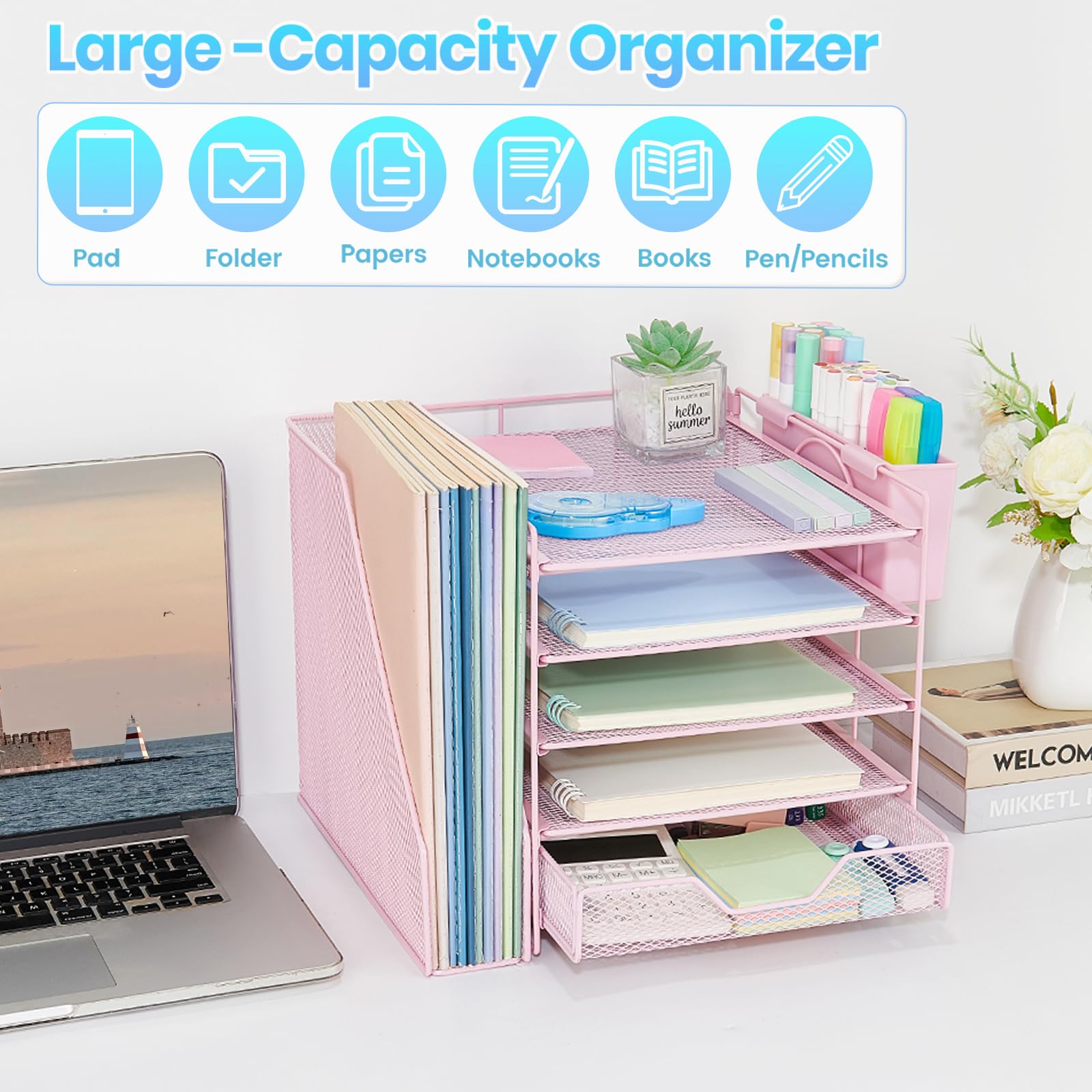 Gugsey 5-Tier Desk File Organizer with Drawer & Pen Holder (Pink)