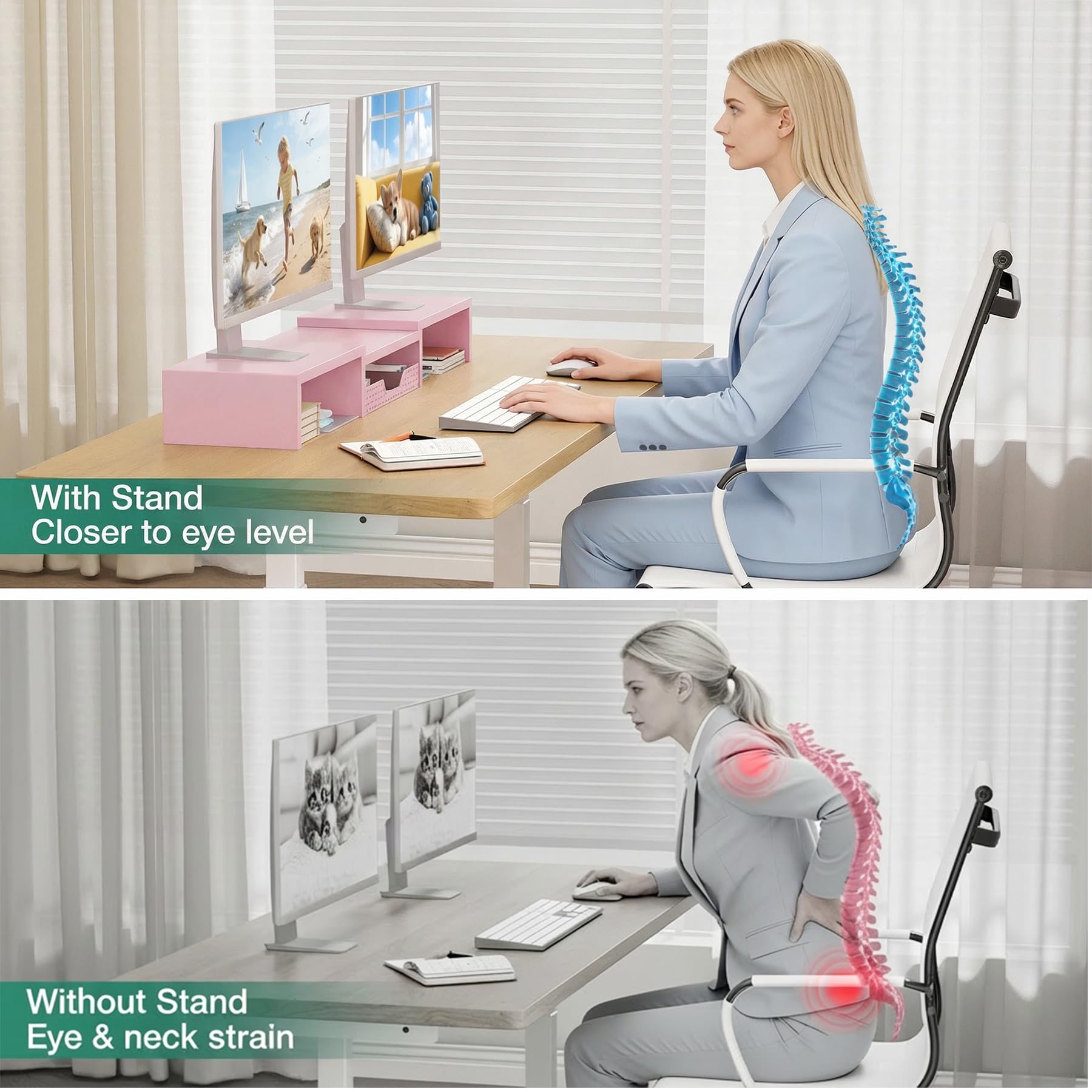 OPNICE Dual Computer Monitor Stand Riser, Desk Organizer with Drawer, Office Desk Accessories &