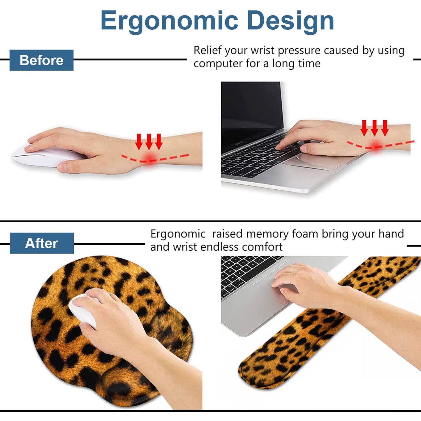 Keyboard Wrist Rest and Mouse Wrist Rest Pad Set with Coasters, Ergonomic Support, Non-Slip PU