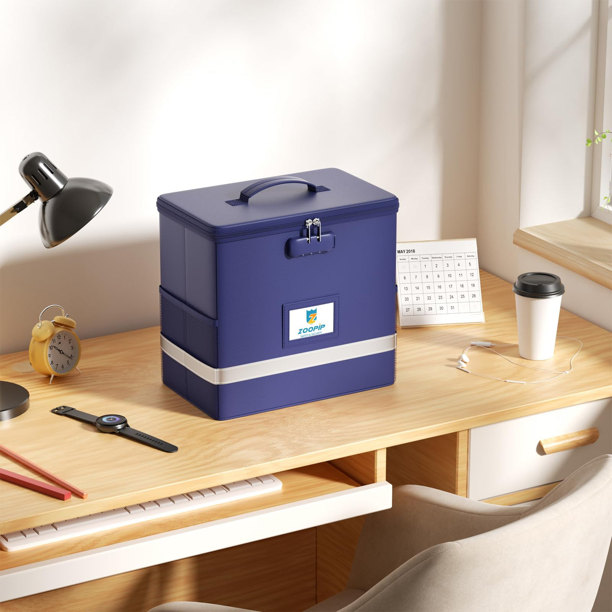 ZOOPIP Fireproof File Box with Lock, Collapsible Document Organizer, Blue