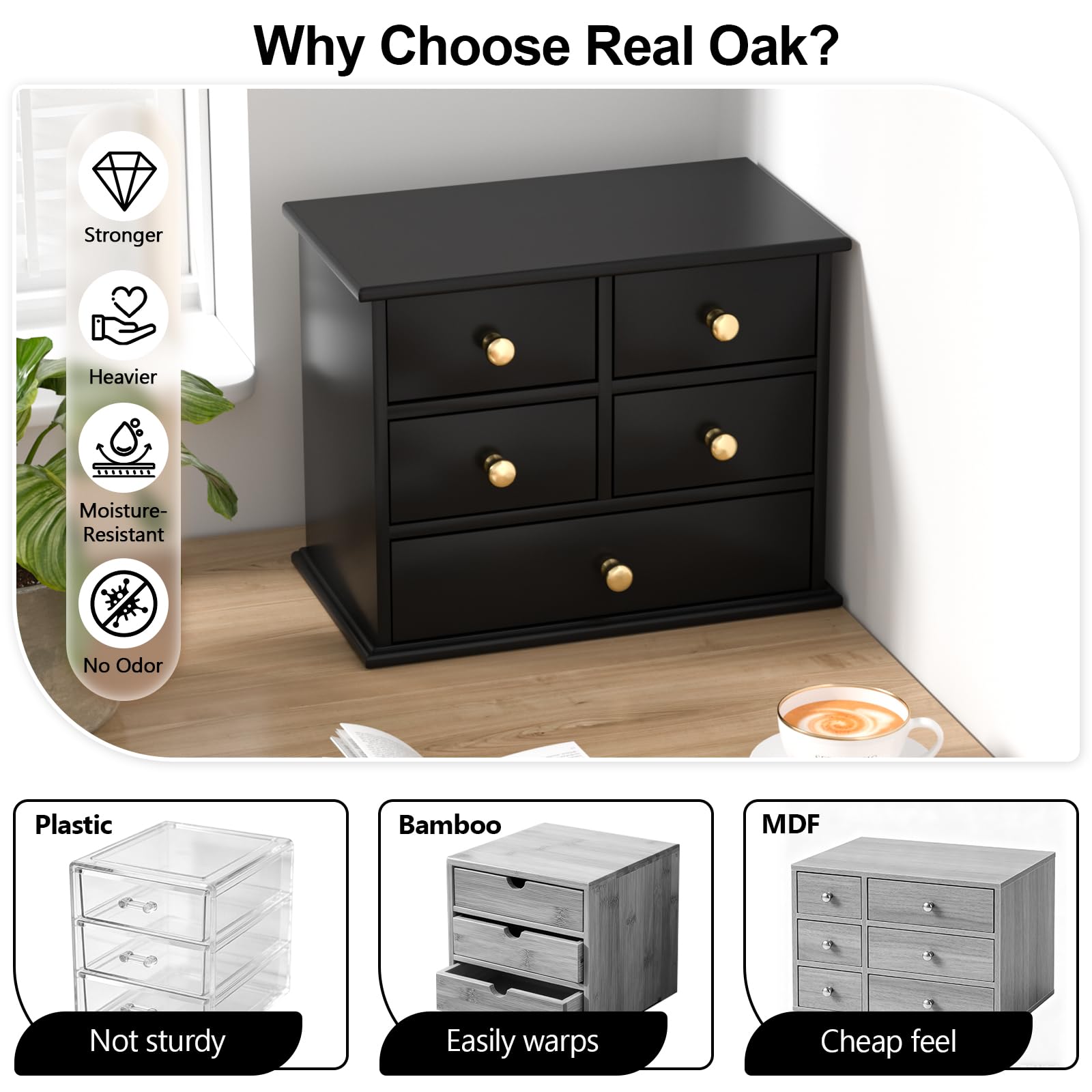 Oak Desk Organizer with Drawers, Durable Wooden Desktop Storage Box