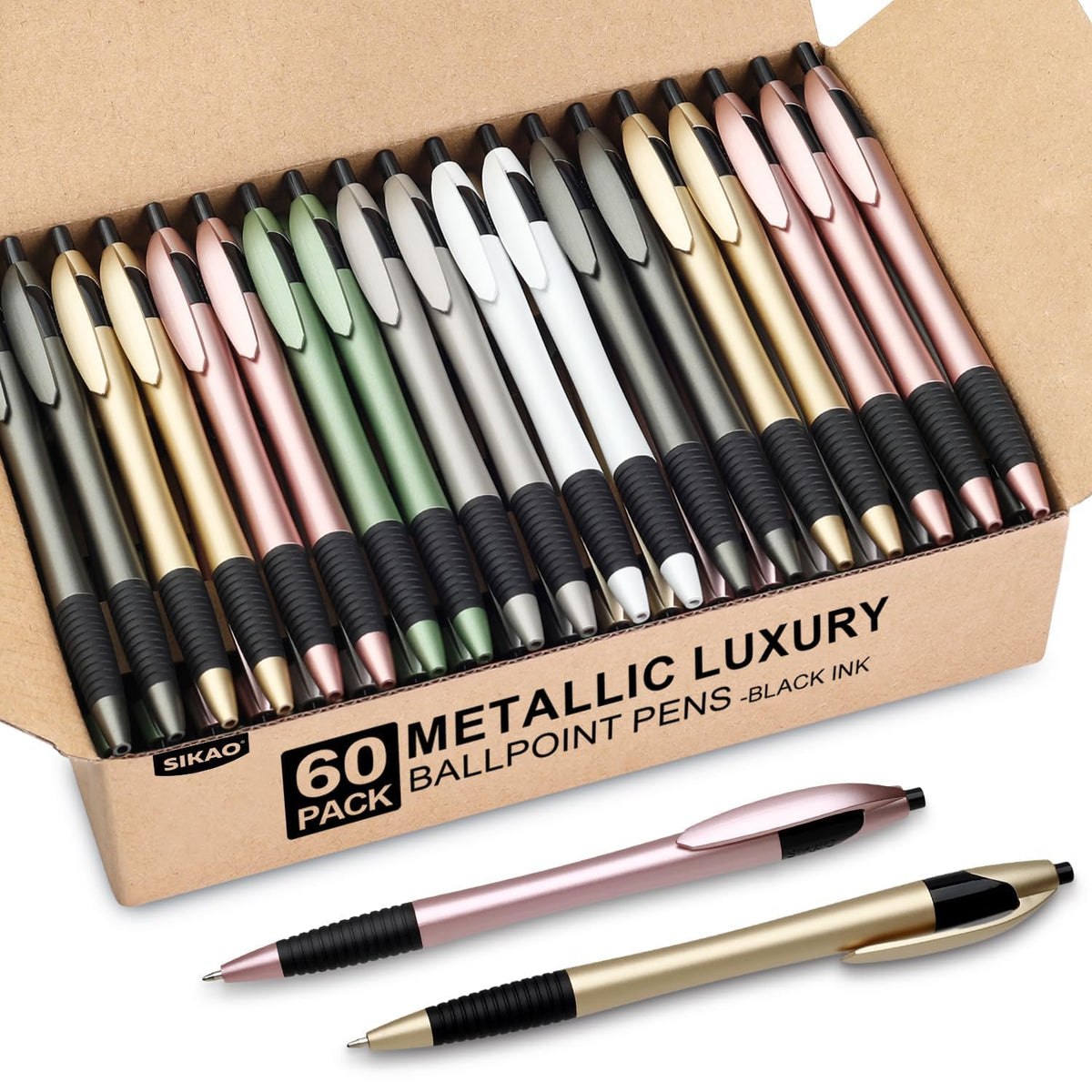 Sikao Pens Bulk, 60 Pack Gripped Slimster Ballpoint Pens -Luxe Metallic