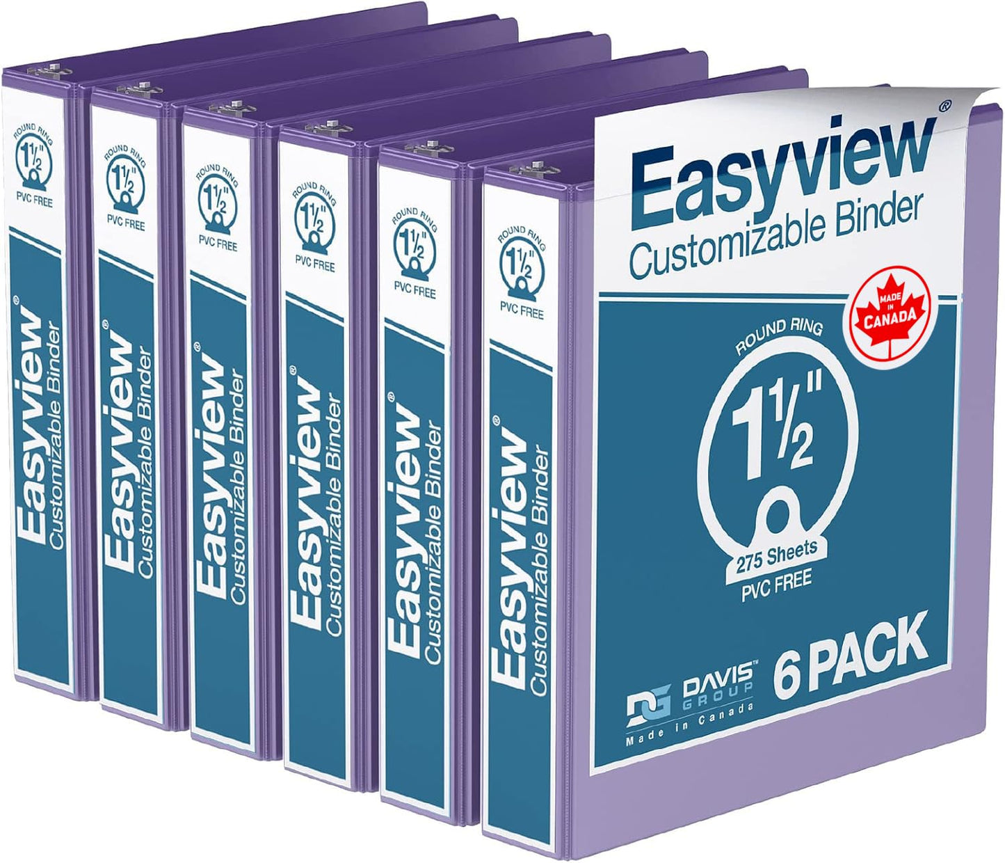 Easyview 3-Ring Binder, Clear-View Cover, 1.5" Round Rings, Purple, 6 Pack