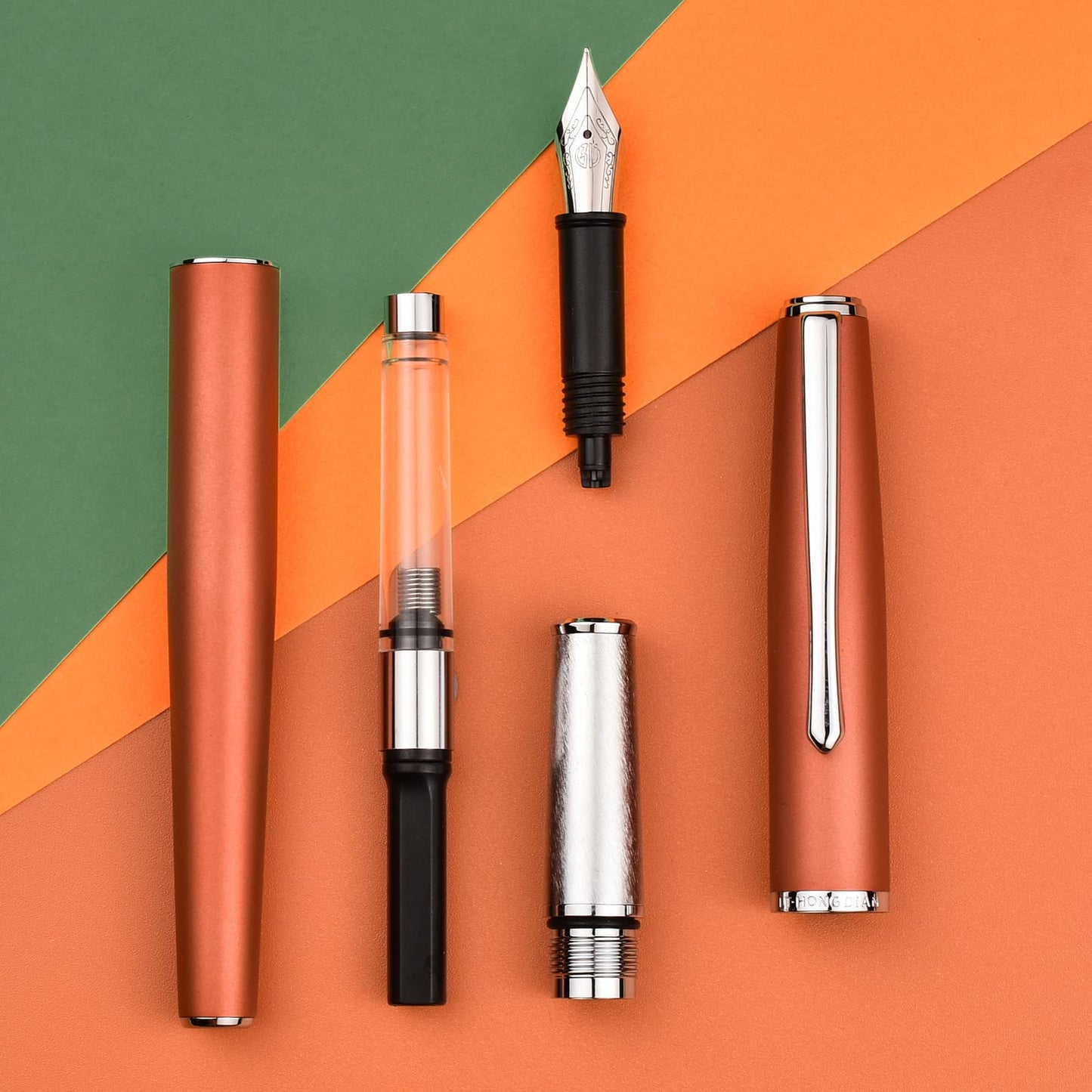 Hongdian 920 Orange Metal Fountain Pen, Steel Fine Point Classic Pen, Includes Refillable Converter
