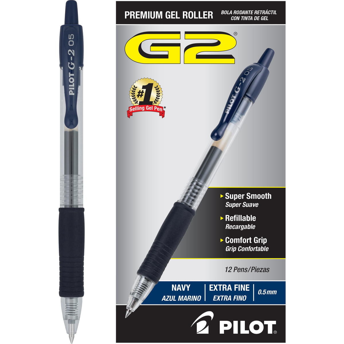 PILOT G2 Premium Retractable Rolling Ball Navy Gel Pens, 0.5mm, 12-Pack