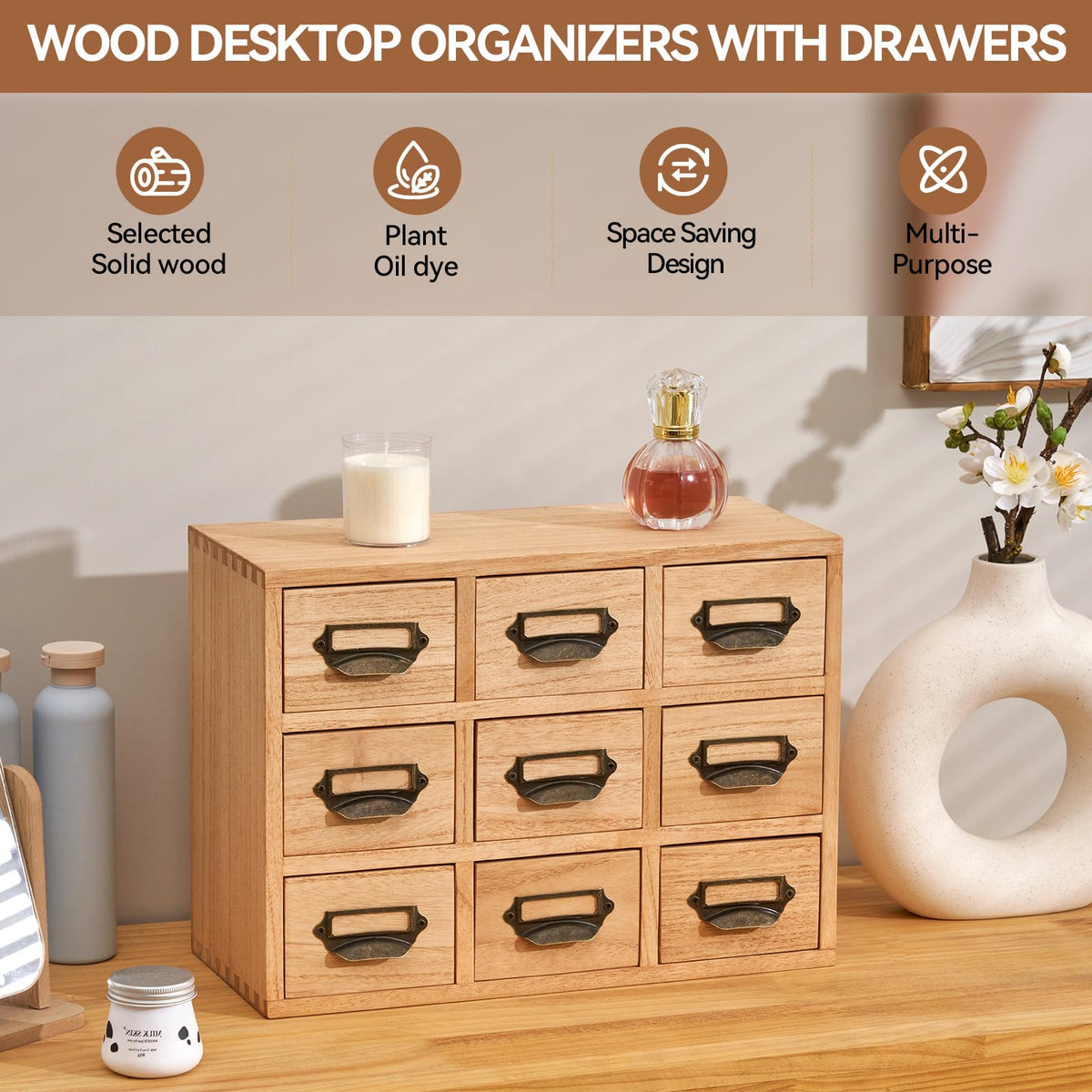 KIRIGEN Wooden Desk Organizer with 9 Drawers, Storage Cabinet, Natural