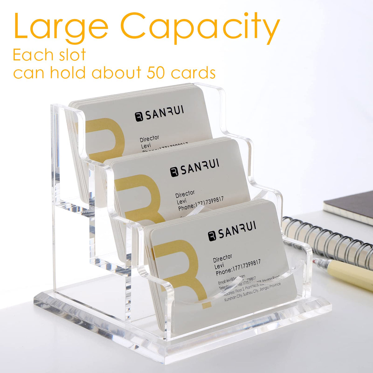 SANRUI Clear Acrylic Business Card Holder for Desk, 3 Slots Horizontal