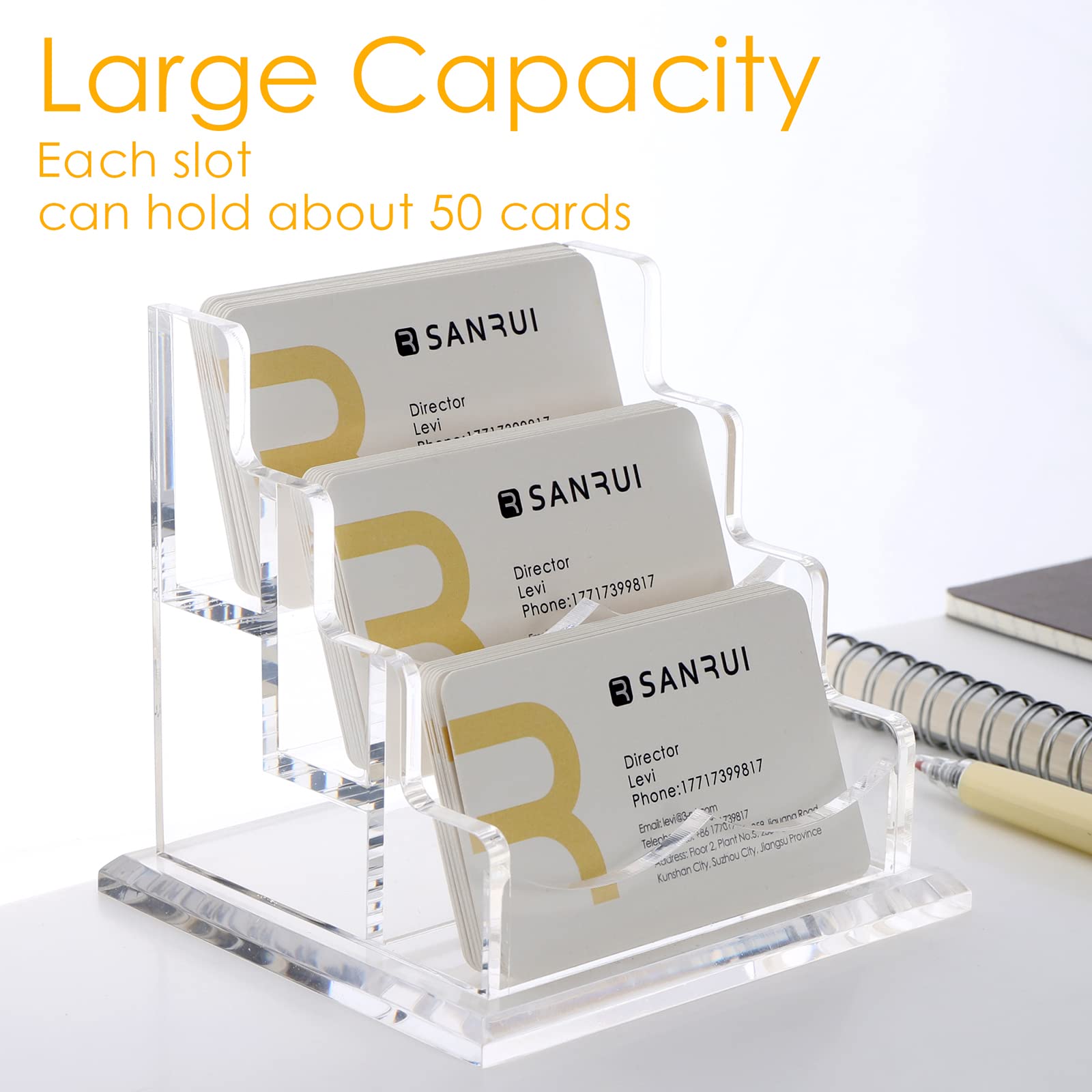 SANRUI Clear Acrylic Business Card Holder for Desk, 3 Slots Horizontal