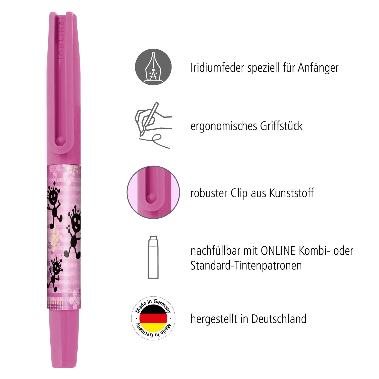 Online Bachelor Starter 42013/3 Fountain Pen Klexxi Pink Nib A for Beginners of Writing 1 Piece