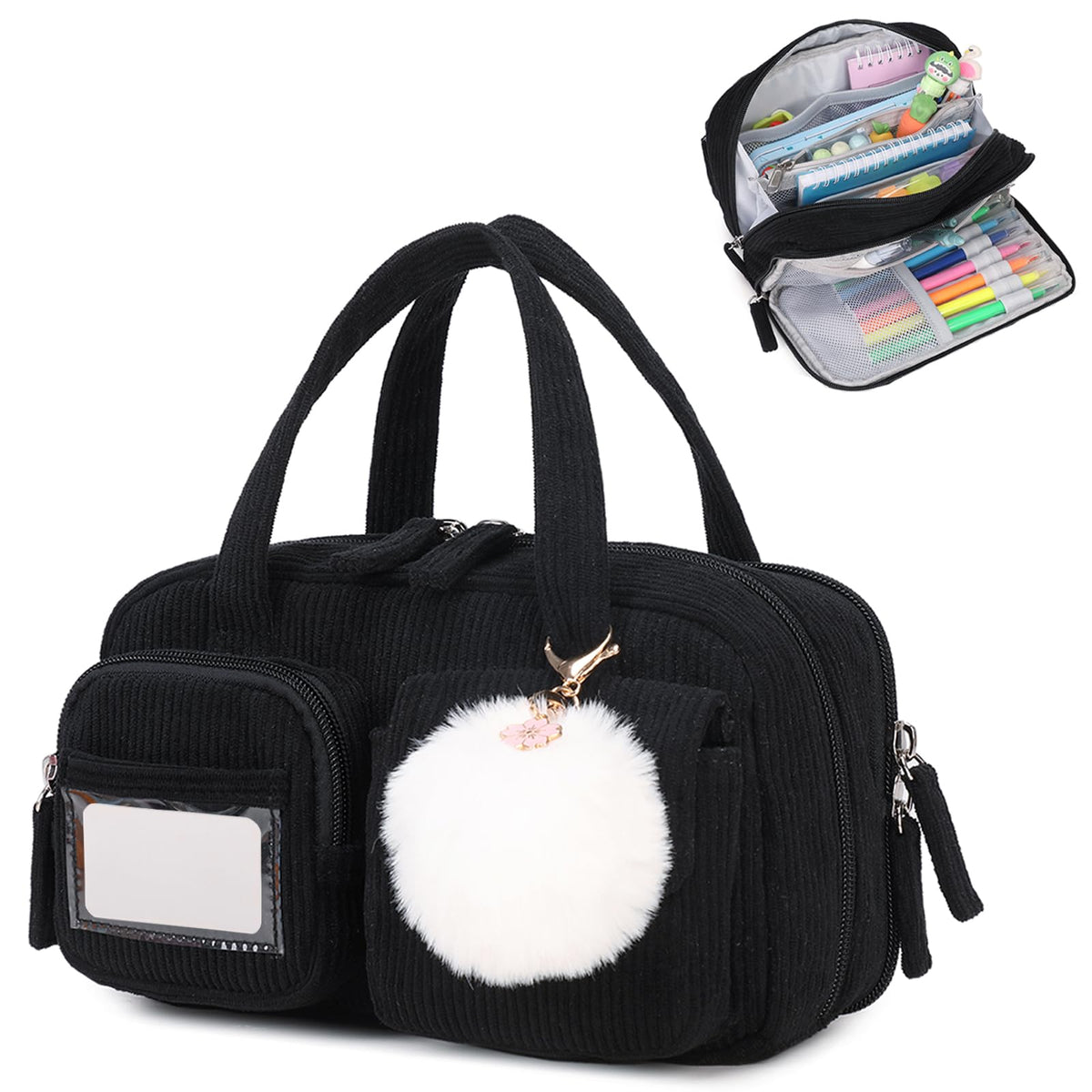 QIXIHU Pencil Case Corduroy Multiple Compartments Pouch Bag for Girl, Black