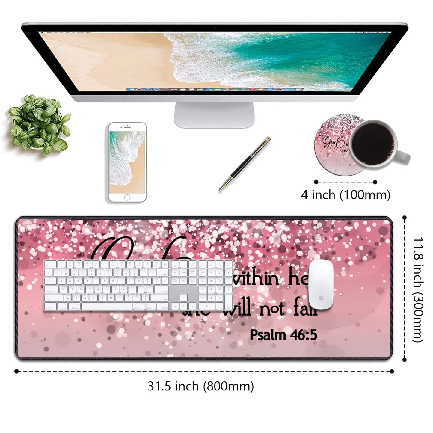 Desk Pad Mat Gaming Mouse Pads with Coasters, 31.5"x 11.8" XXL Large Computer Keyboard Mouse Mat