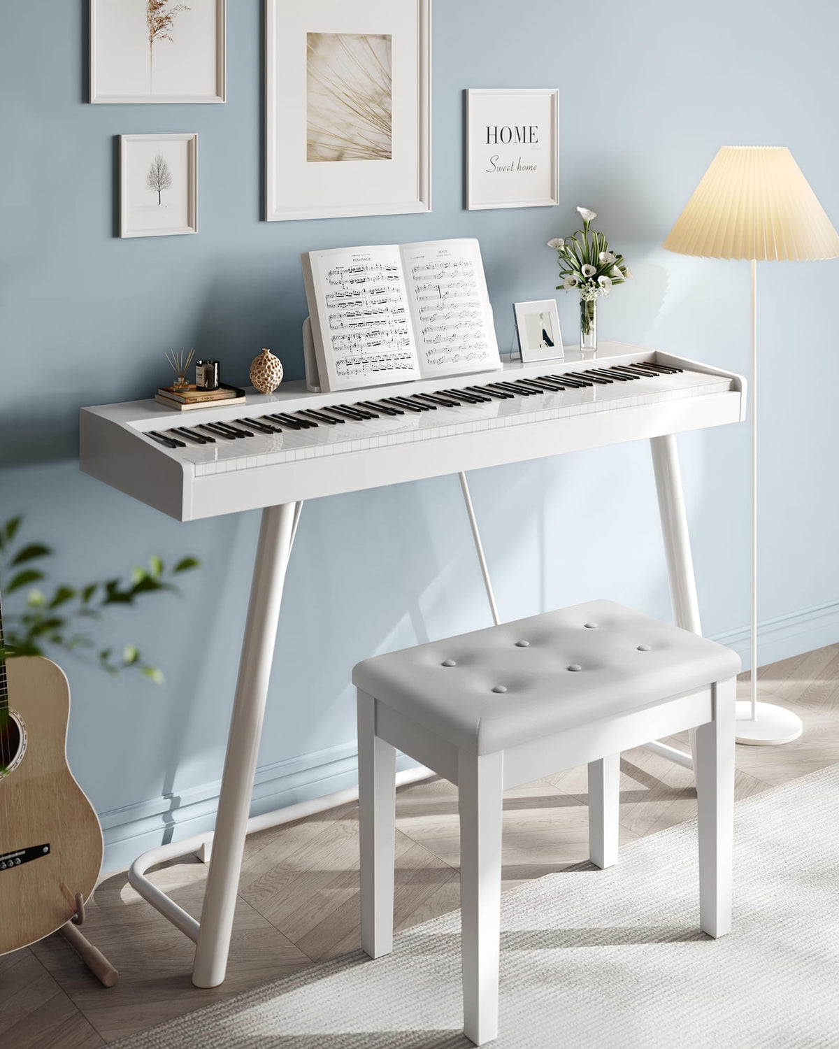 SONGMICS Wooden Piano Bench with Padded Cushion and Storage Compartment