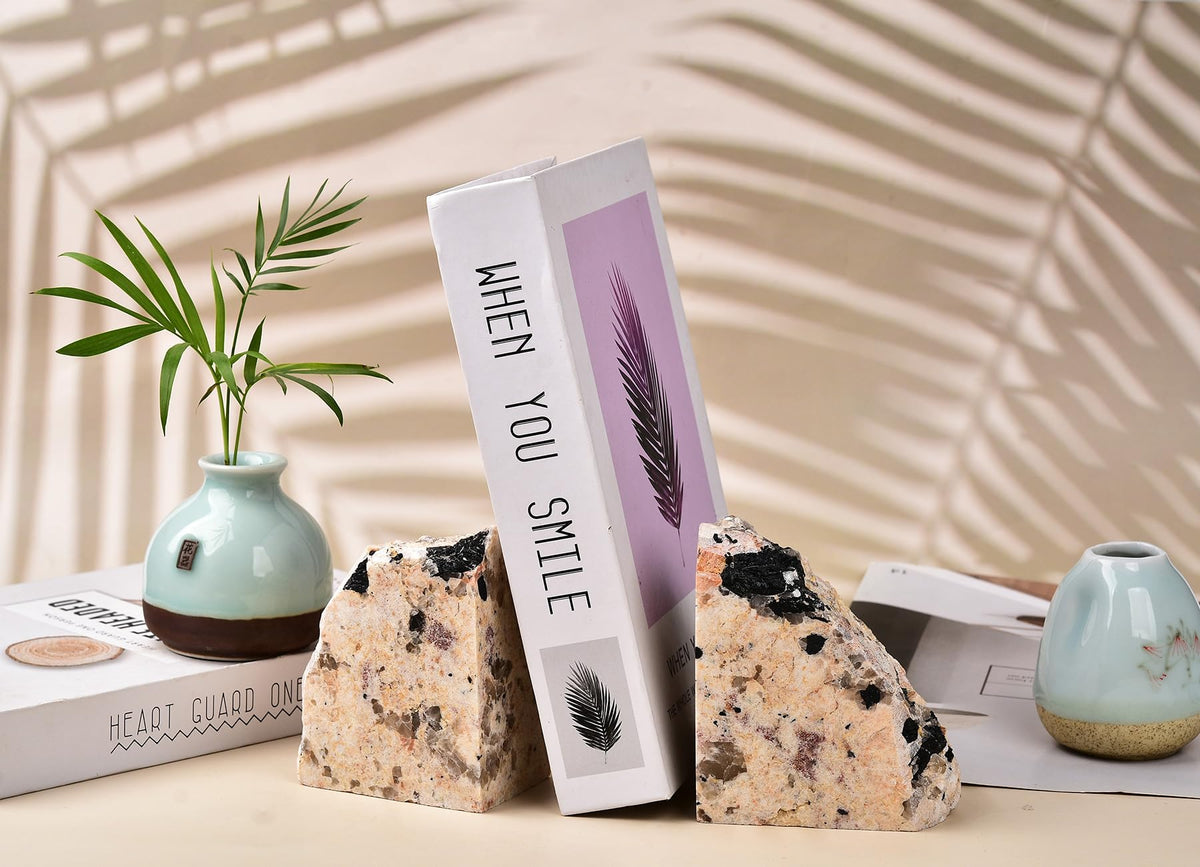 AMOYSTONE Black Tourmaline Stone Bookends for Home Kitchen Shelf Decor