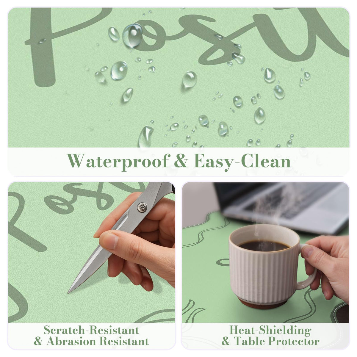 iCasso Green Scalloped Desk Cover Mat, Extra Large Mouse Pad, PU Leather Desk Pad Mat,Waterproof
