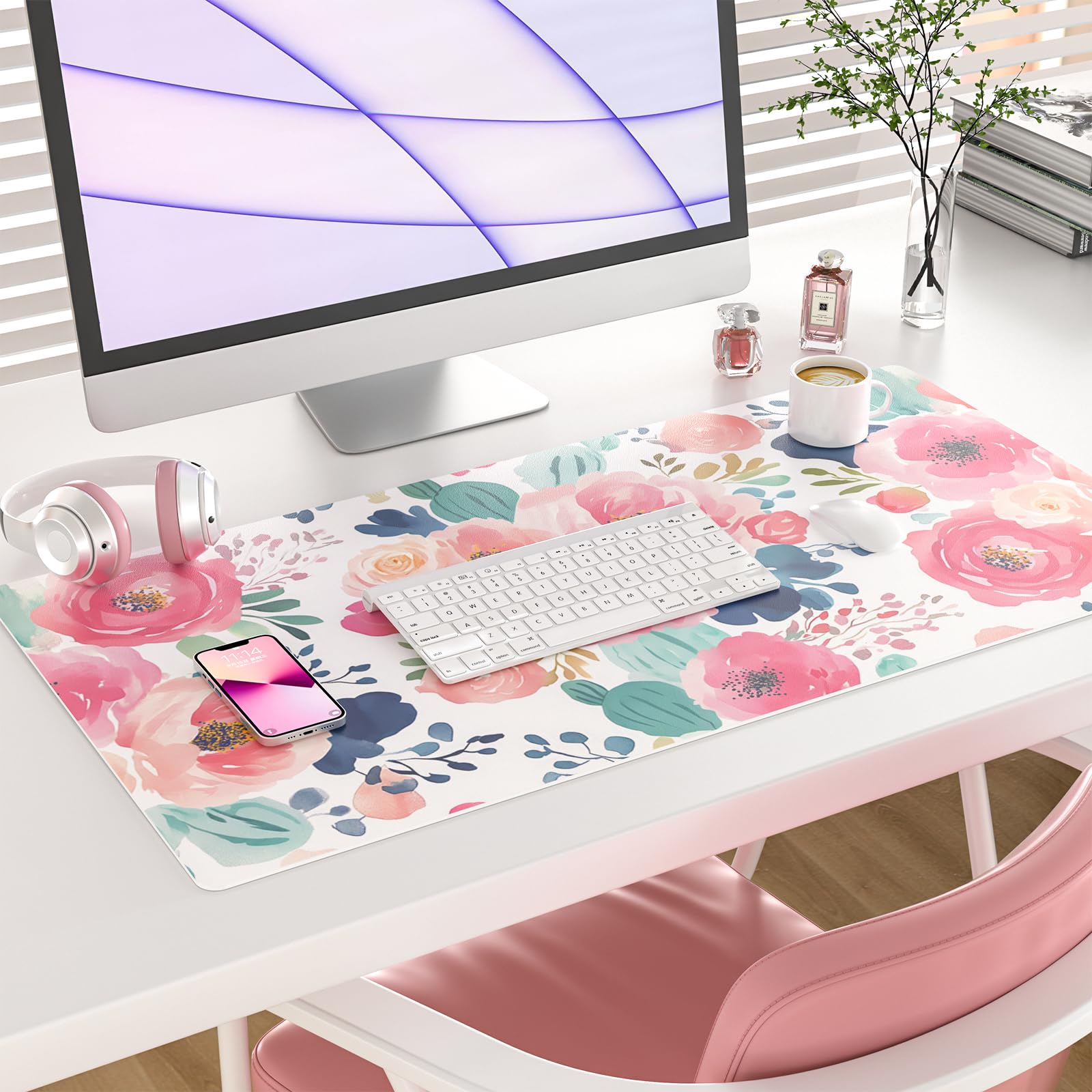 Faux Leather Large Mouse Pad, Office Desk Mat, 31.5"x15.7", Pink Floral